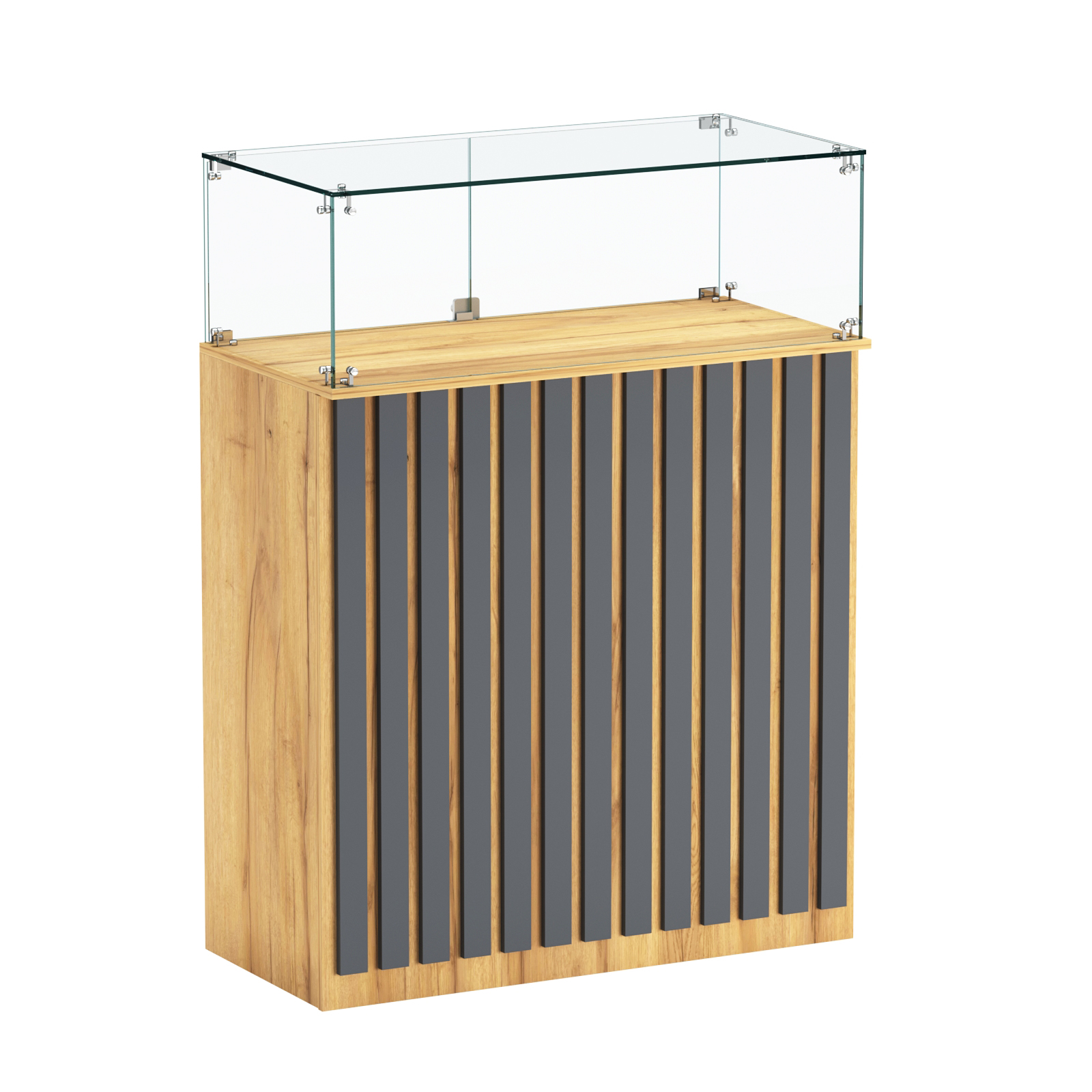 Торговый прилавок прямоугольный с планками и стеклянным колпаком ПРИЛИВ №1 Дуб Золотистый и Темно-Серый