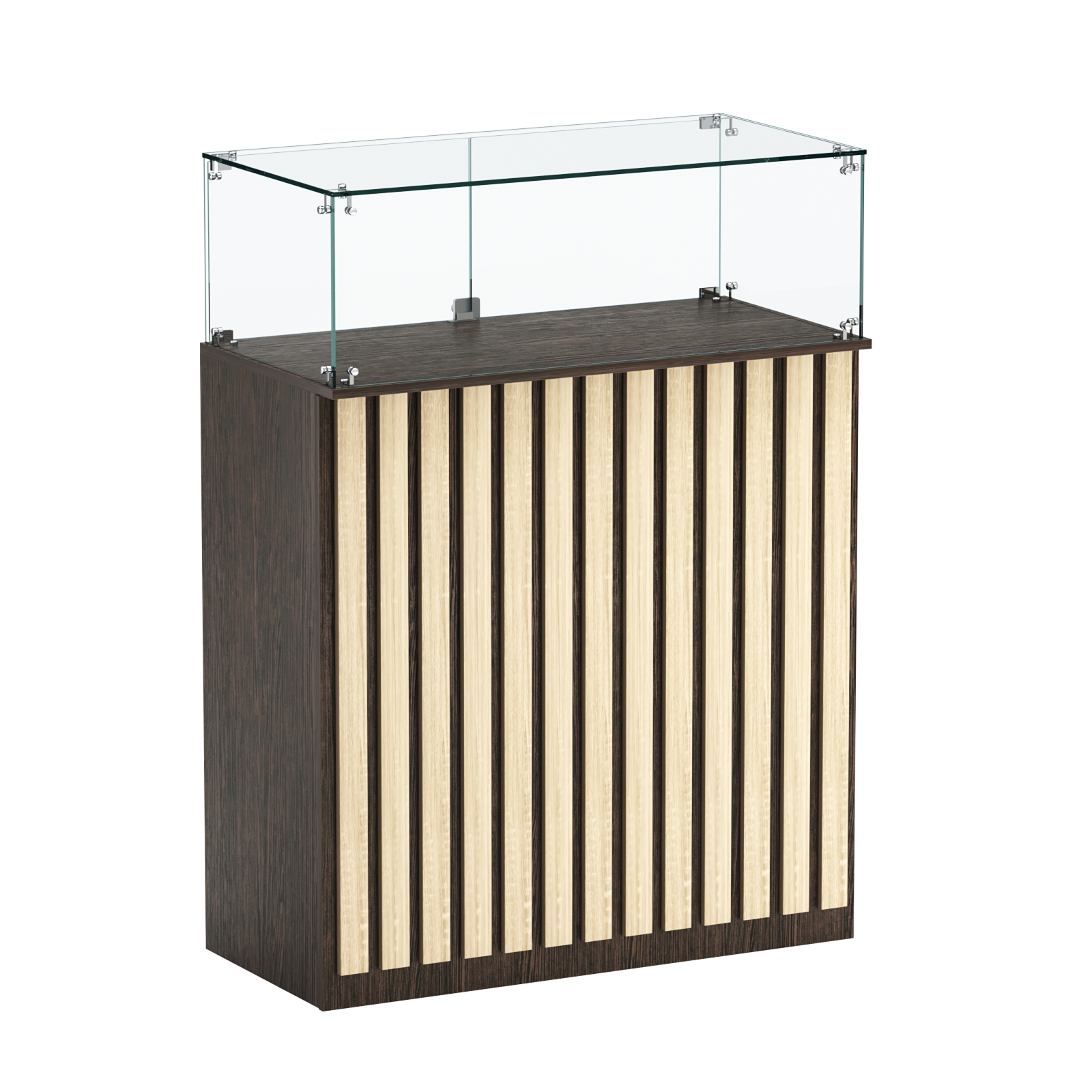 Торговый прилавок прямоугольный с планками и стеклянным колпаком ПРИЛИВ №1 Дуб Венге + Дуб Сонома