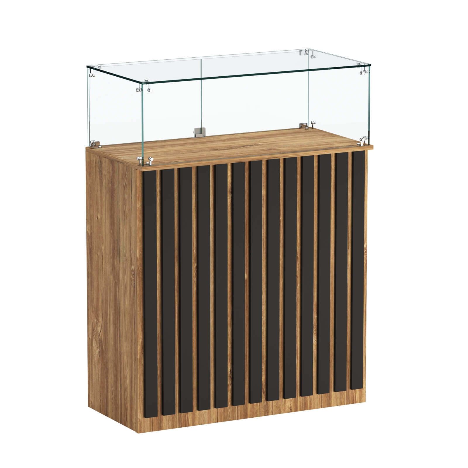 Торговый прилавок прямоугольный с планками и стеклянным колпаком ПРИЛИВ №1 Дуб Канзас Коричнерый + черный