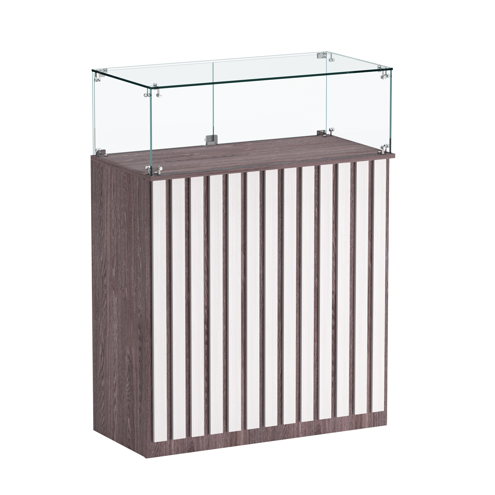 Торговый прилавок прямоугольный с планками и стеклянным колпаком ПРИЛИВ №1 Ясень Анкор темный + Ясень Анкор светлый