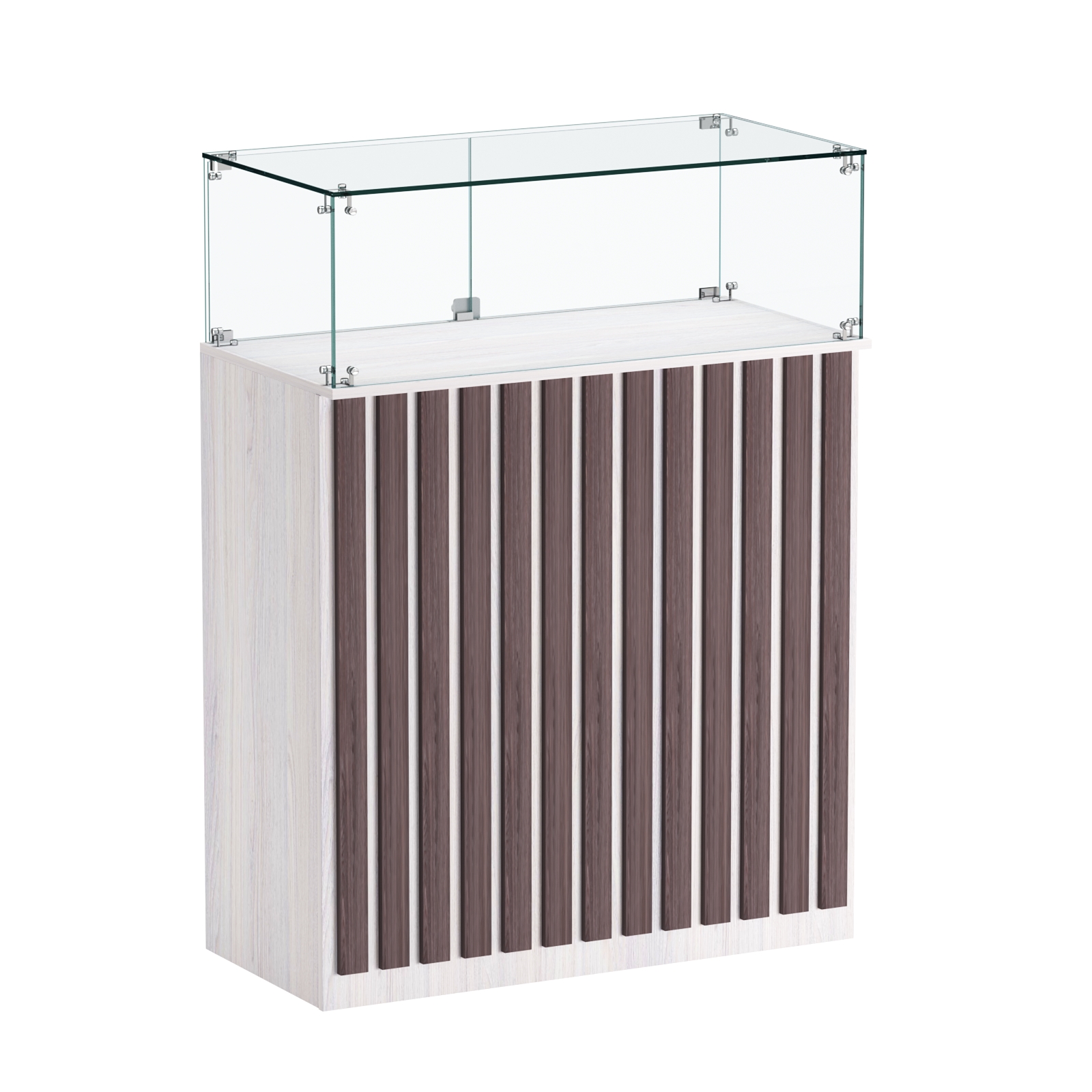 Торговый прилавок прямоугольный с планками и стеклянным колпаком ПРИЛИВ №1 Ясень Анкор светлый + Ясень Анкор темный