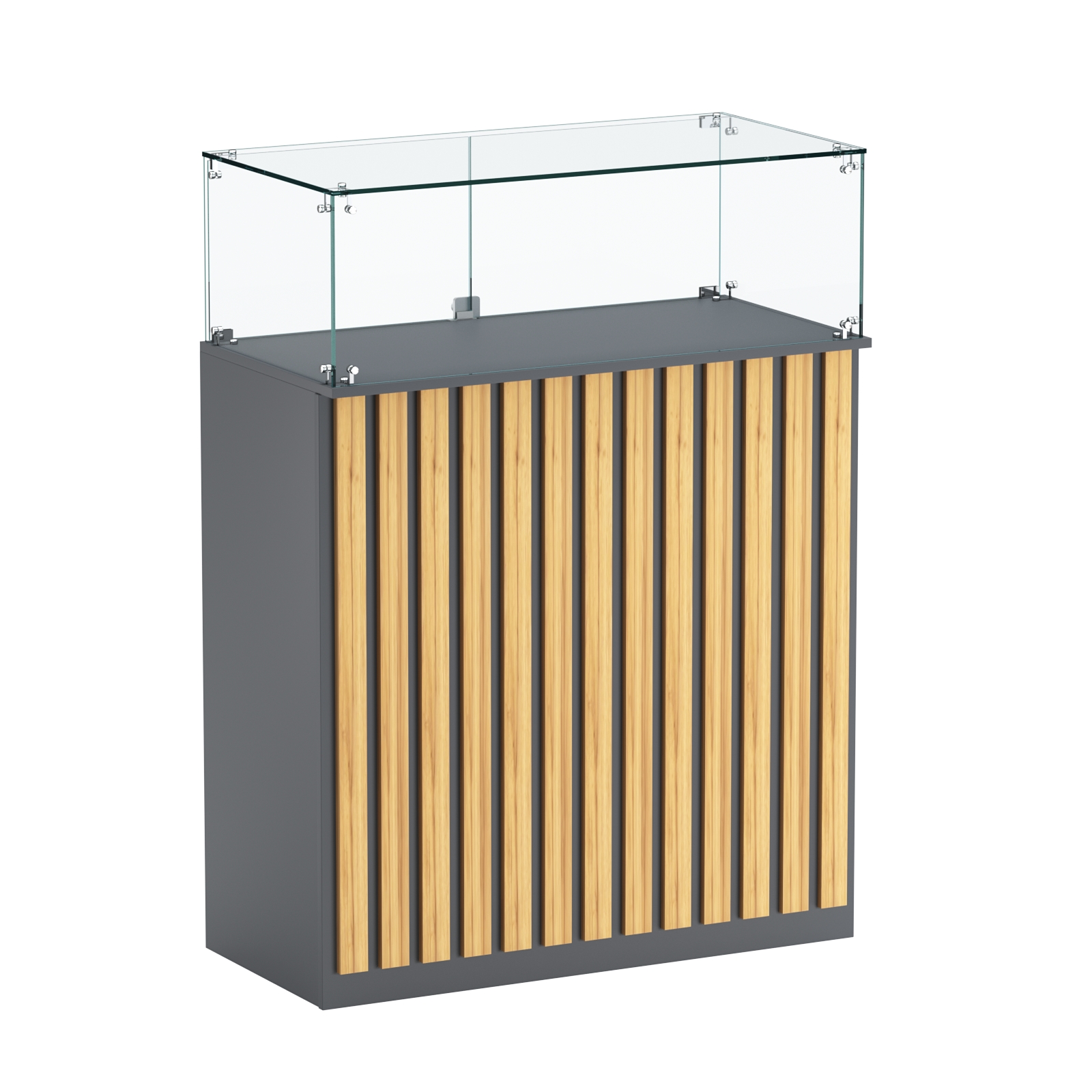 Торговый прилавок прямоугольный с планками и стеклянным колпаком ПРИЛИВ №1 Темно-Серый  + Дуб Золотистый