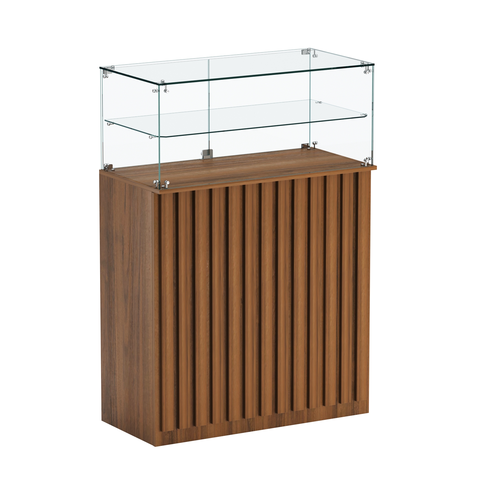 Торговый прилавок прямоугольный с планками и одной полкой ПРИЛИВ №2 Орех