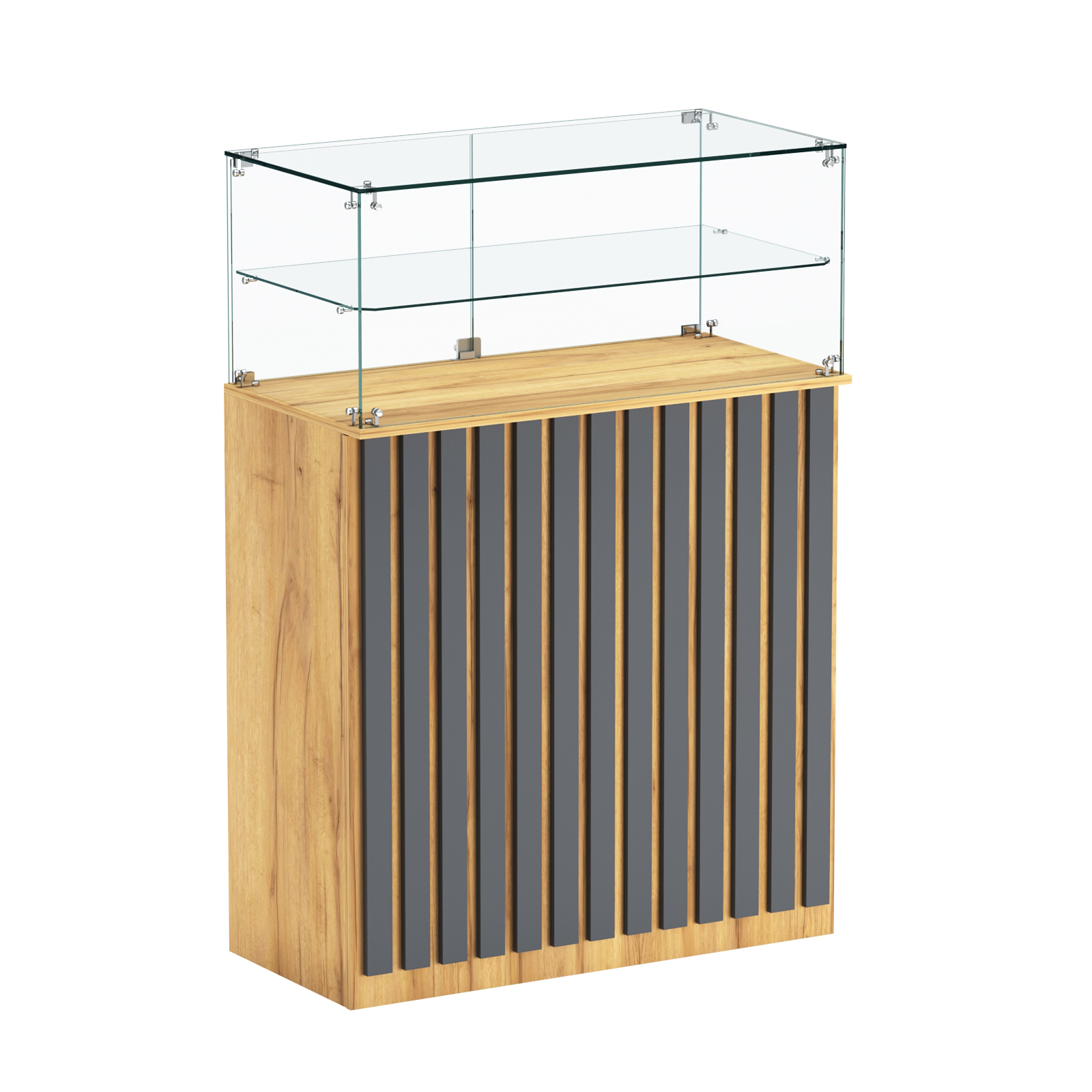 Торговый прилавок прямоугольный с планками и одной полкой ПРИЛИВ №2 Дуб Золотистый и Темно-Серый