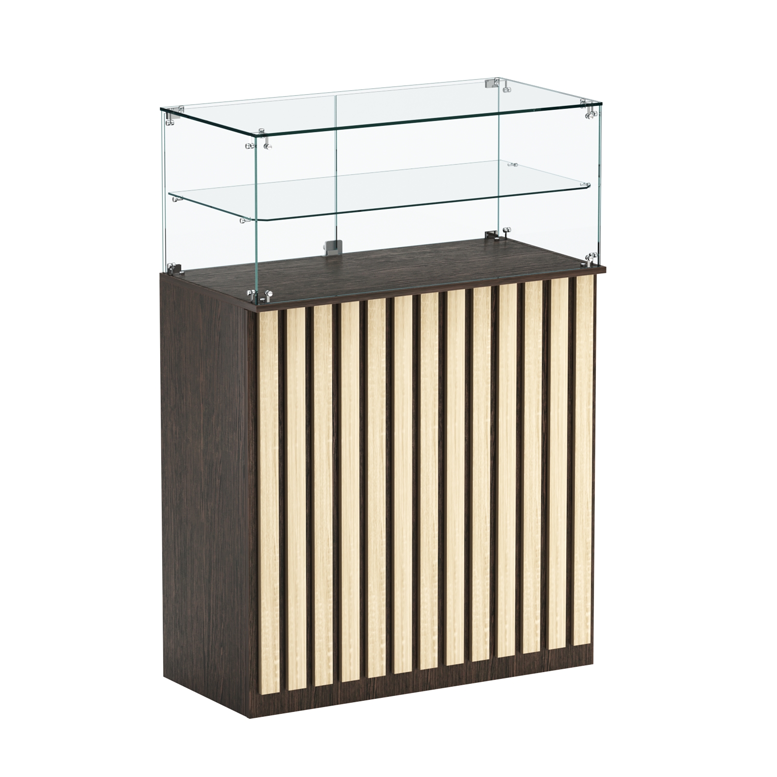 Торговый прилавок прямоугольный с планками и одной полкой ПРИЛИВ №2 Дуб Венге + Дуб Сонома