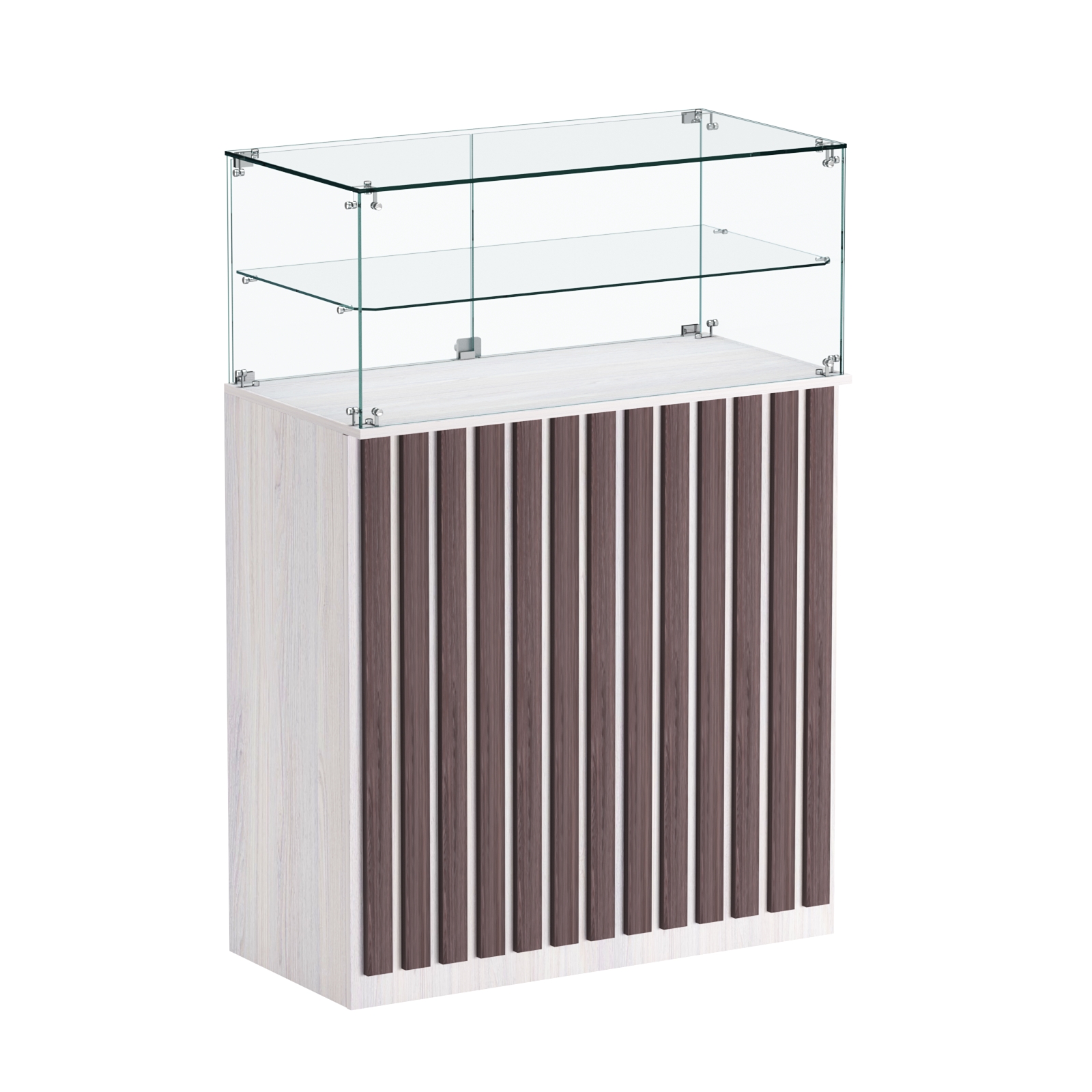 Торговый прилавок прямоугольный с планками и одной полкой ПРИЛИВ №2 Ясень Анкор светлый + Ясень Анкор темный