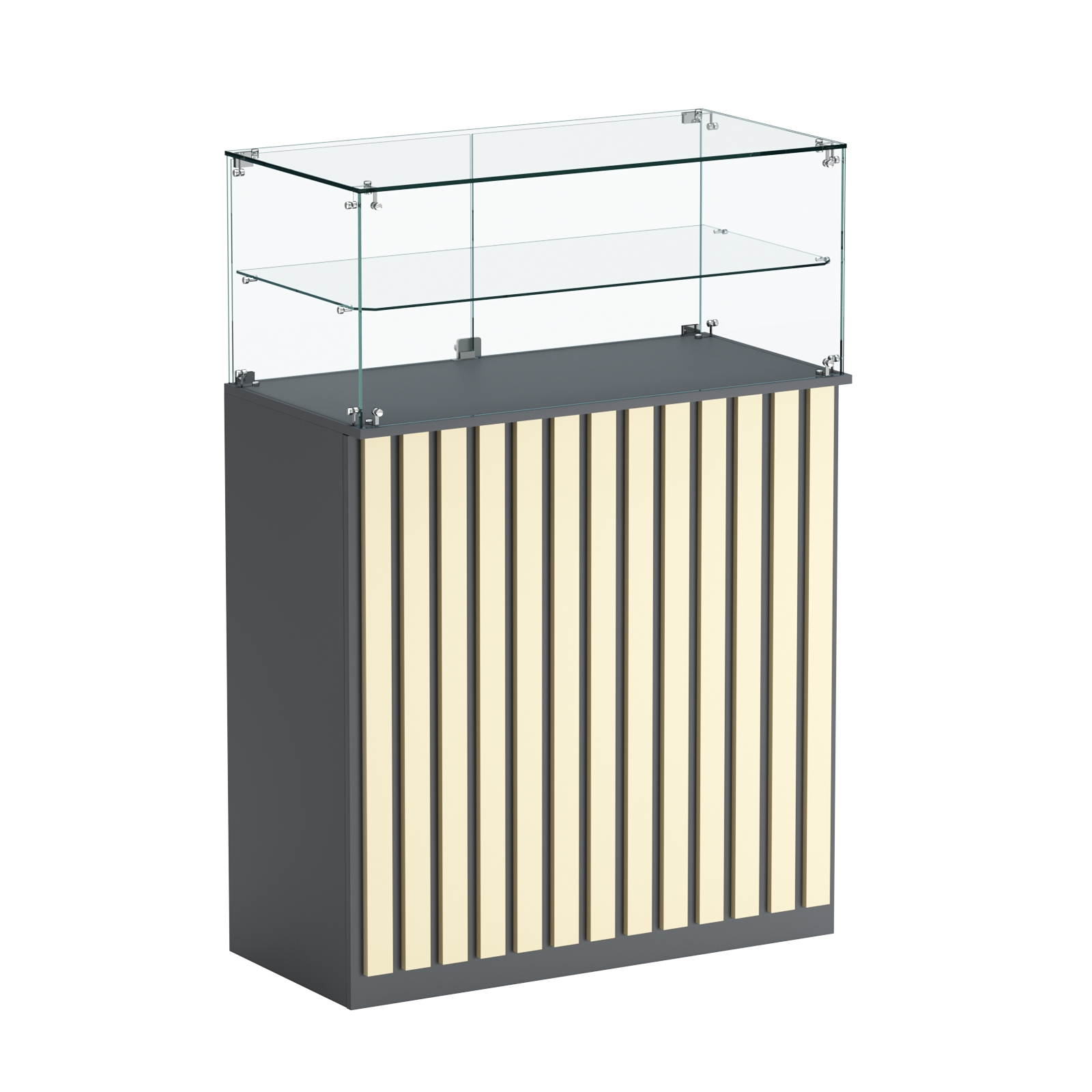 Торговый прилавок прямоугольный с планками и одной полкой ПРИЛИВ №2 Темно-серый + Крем Вайс