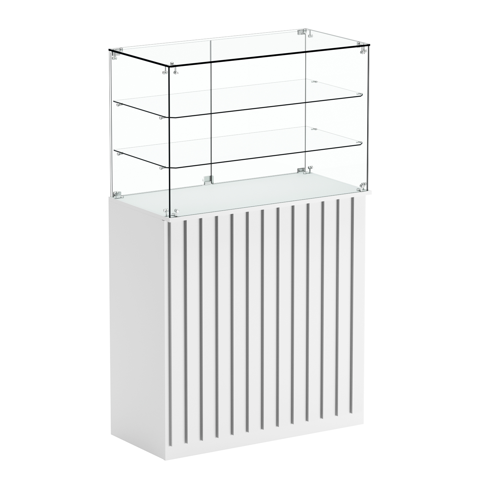 Торговый прилавок прямоугольный с планками и двумя полками ПРИЛИВ №3 Белый