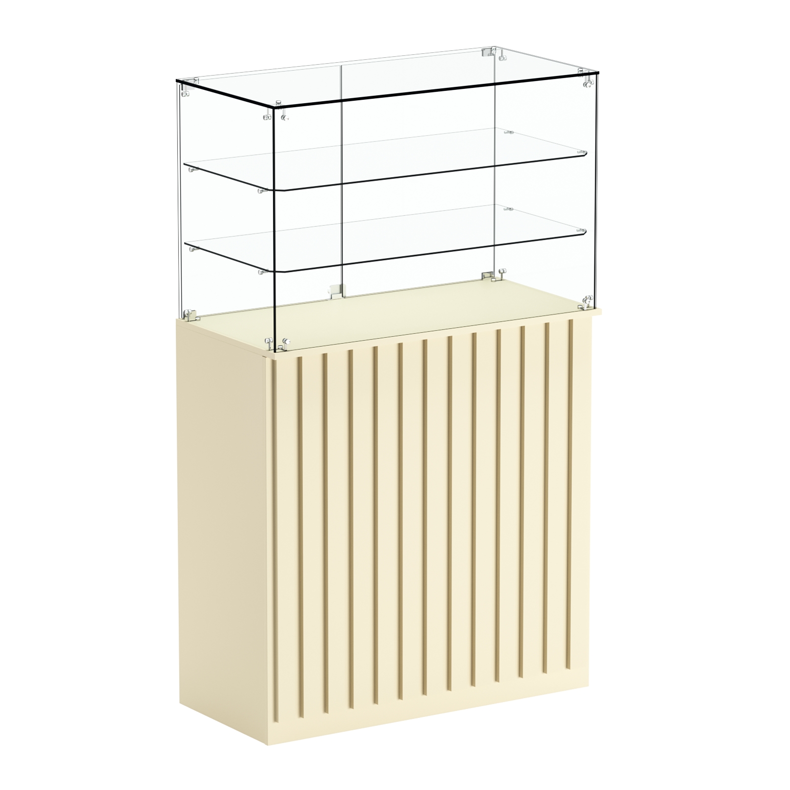 Торговый прилавок прямоугольный с планками и двумя полками ПРИЛИВ №3 Крем Вайс