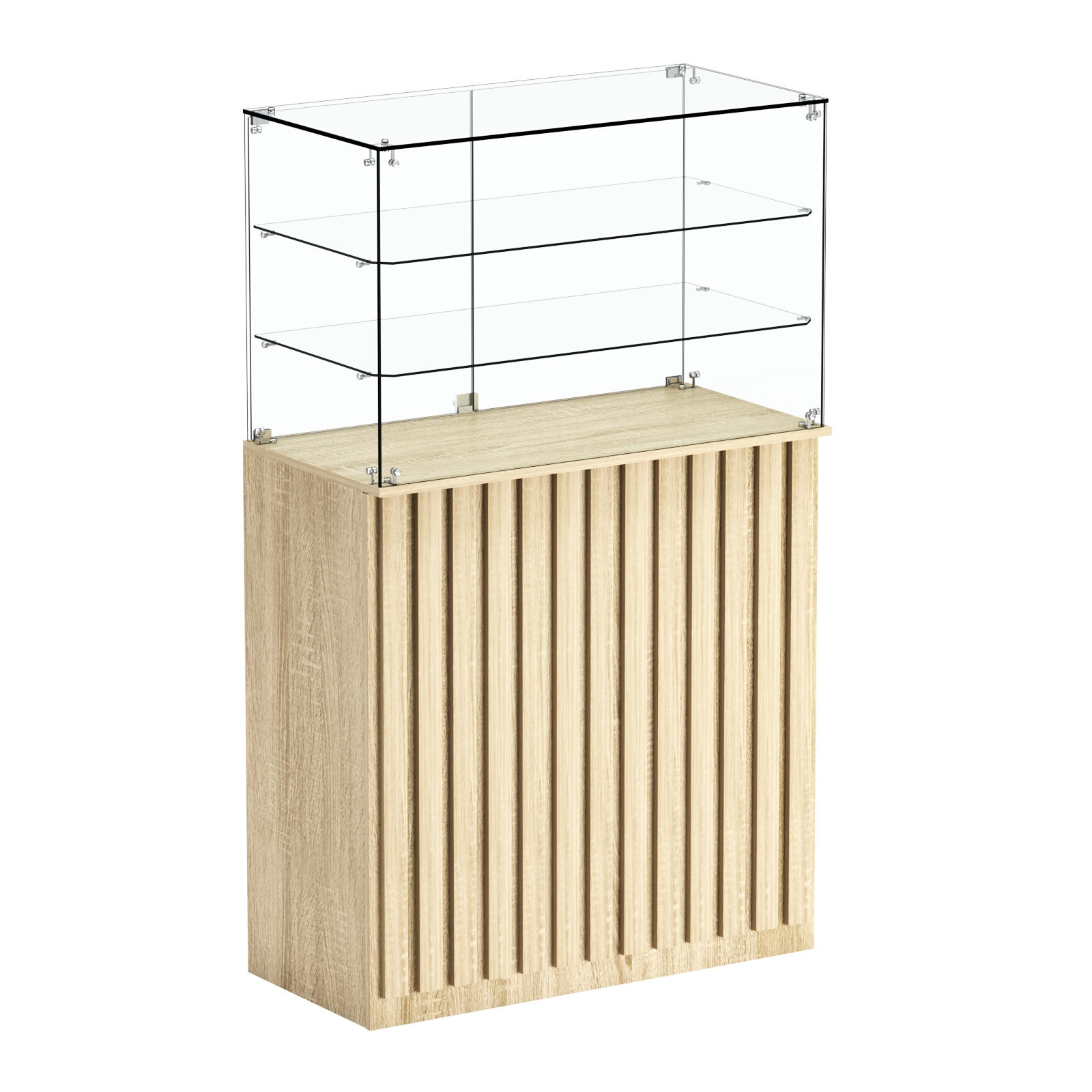 Торговый прилавок прямоугольный с планками и двумя полками ПРИЛИВ №3 Дуб сонома