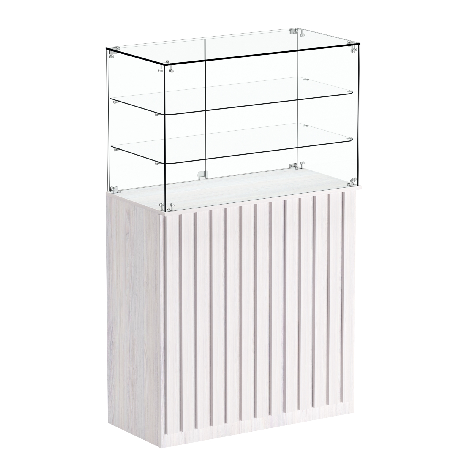 Торговый прилавок прямоугольный с планками и двумя полками ПРИЛИВ №3 Ясень Анкор светлый