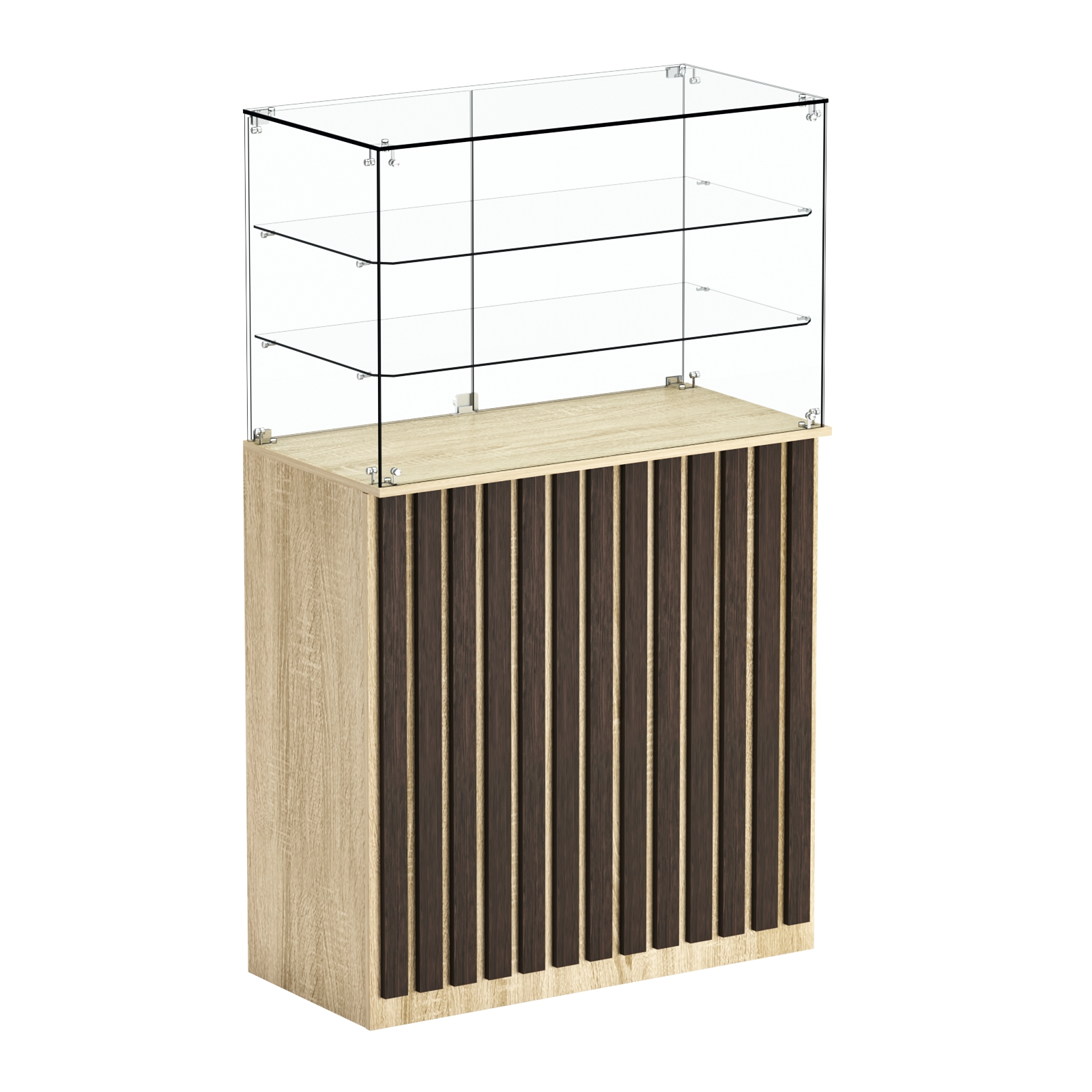 Торговый прилавок прямоугольный с планками и двумя полками ПРИЛИВ №3 Дуб Сонома + Дуб Венге