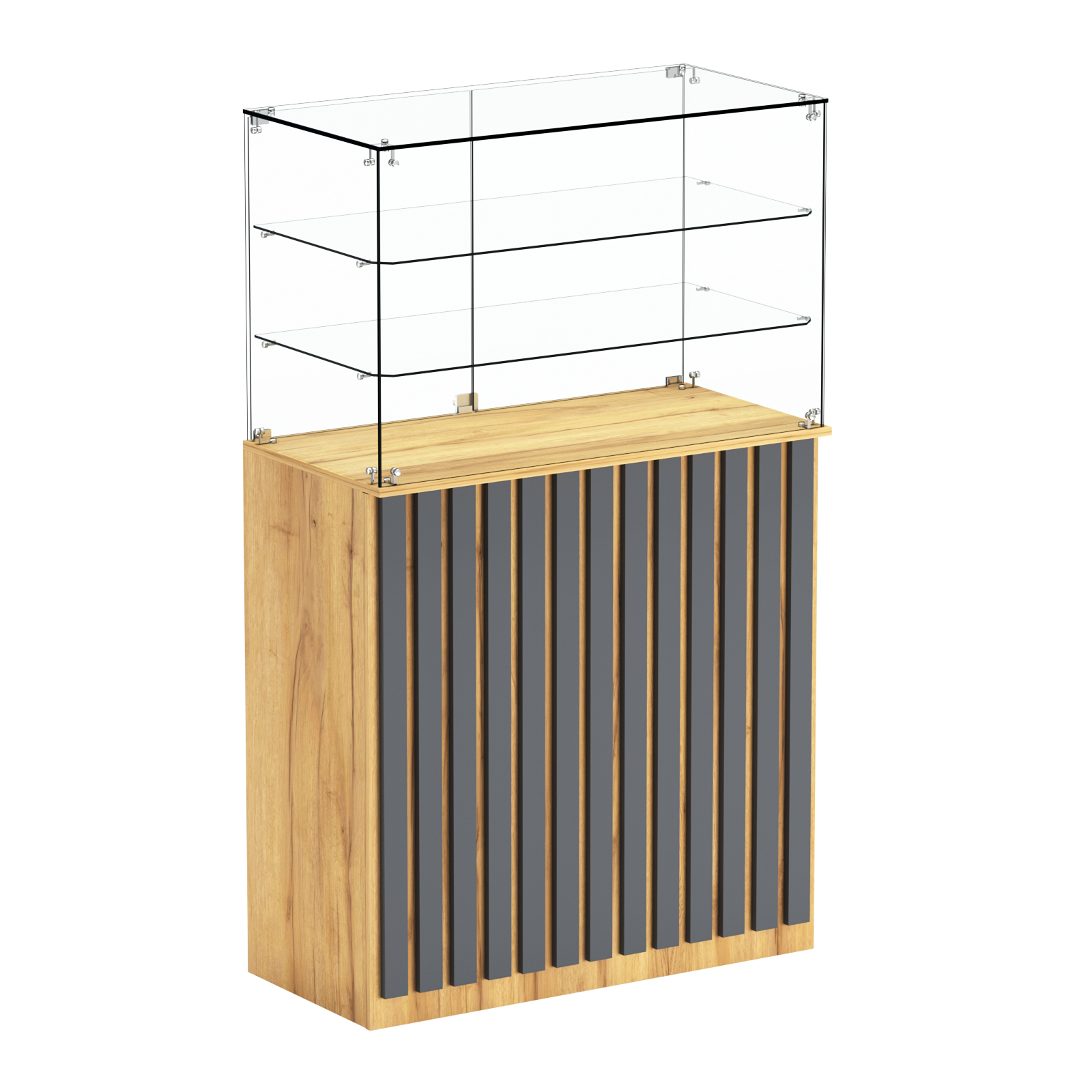 Торговый прилавок прямоугольный с планками и двумя полками ПРИЛИВ №3 Дуб Золотистый и Темно-Серый