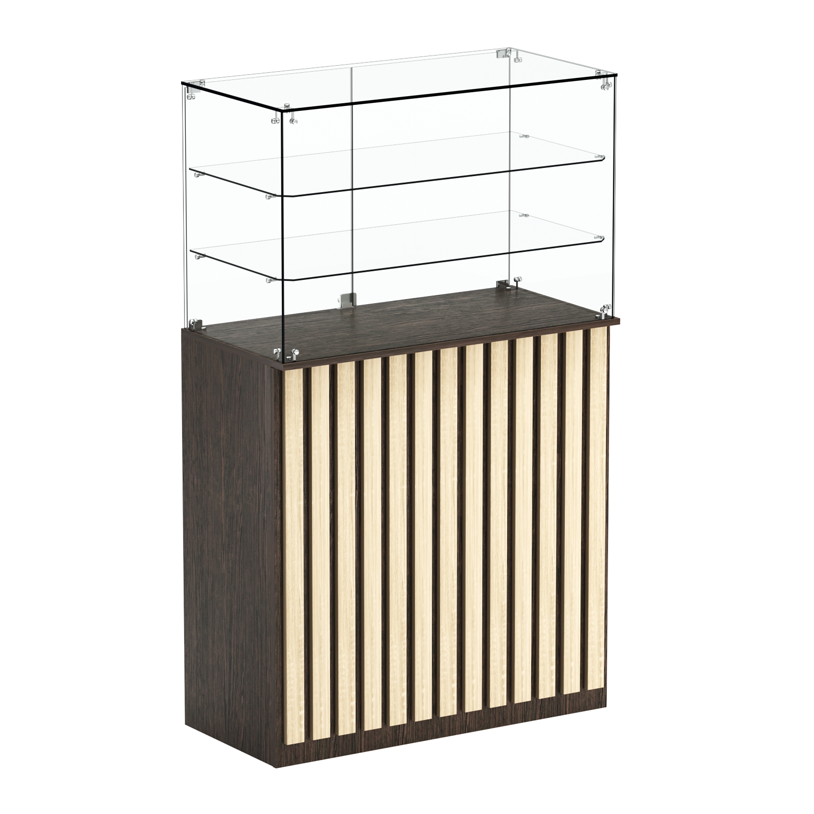 Торговый прилавок прямоугольный с планками и двумя полками ПРИЛИВ №3 Дуб Венге + Дуб Сонома