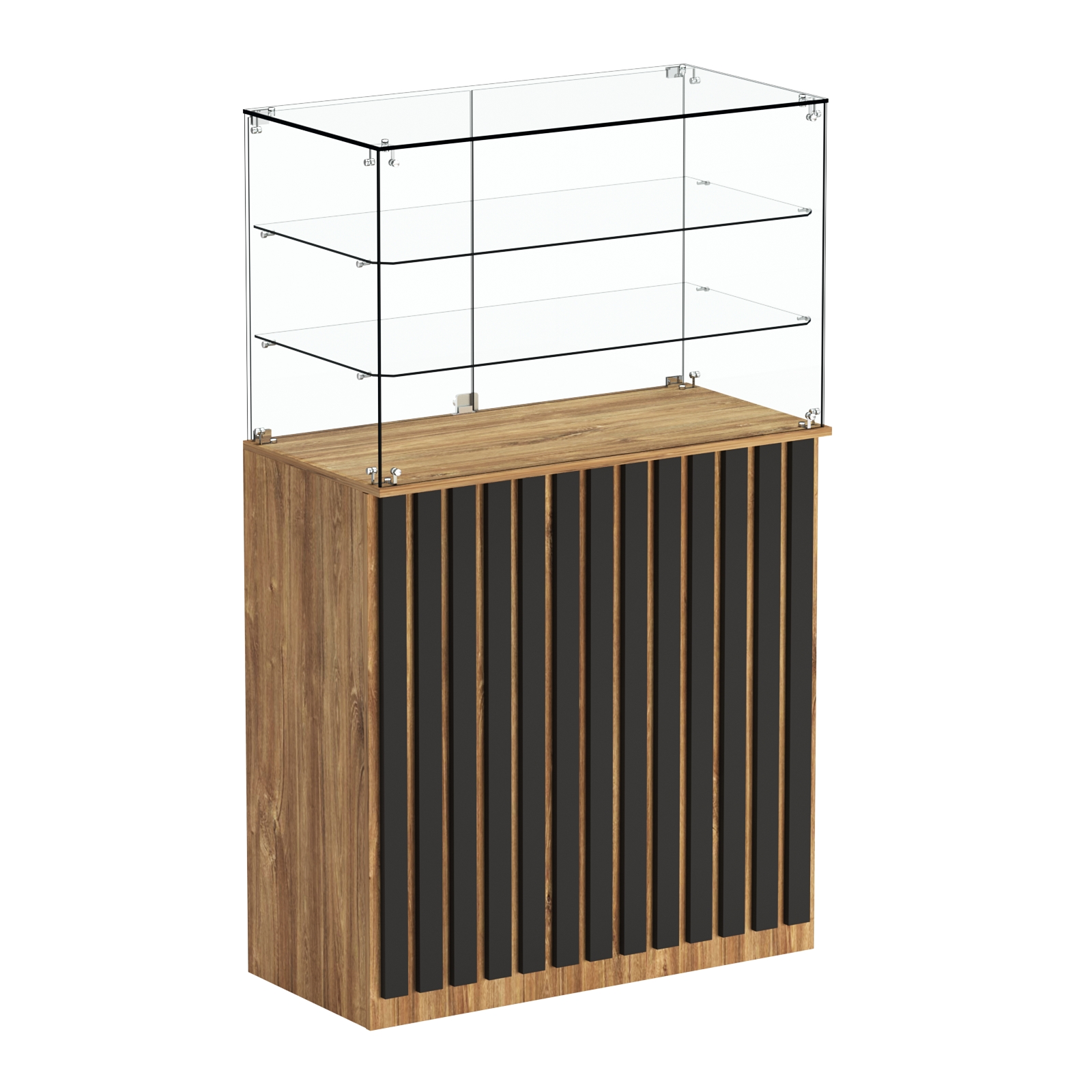 Торговый прилавок прямоугольный с планками и двумя полками ПРИЛИВ №3 Дуб Канзас Коричнерый + черный