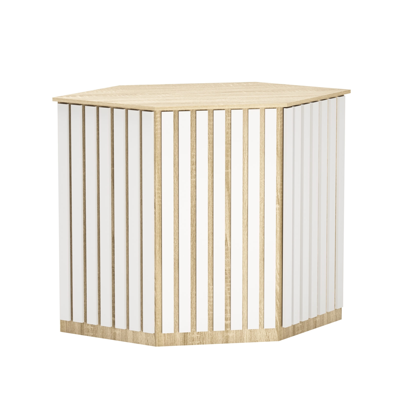 Торговый стол-прилавок шестигранный с планками серии ПРИЛИВ №22 Дуб Сонома + Белый