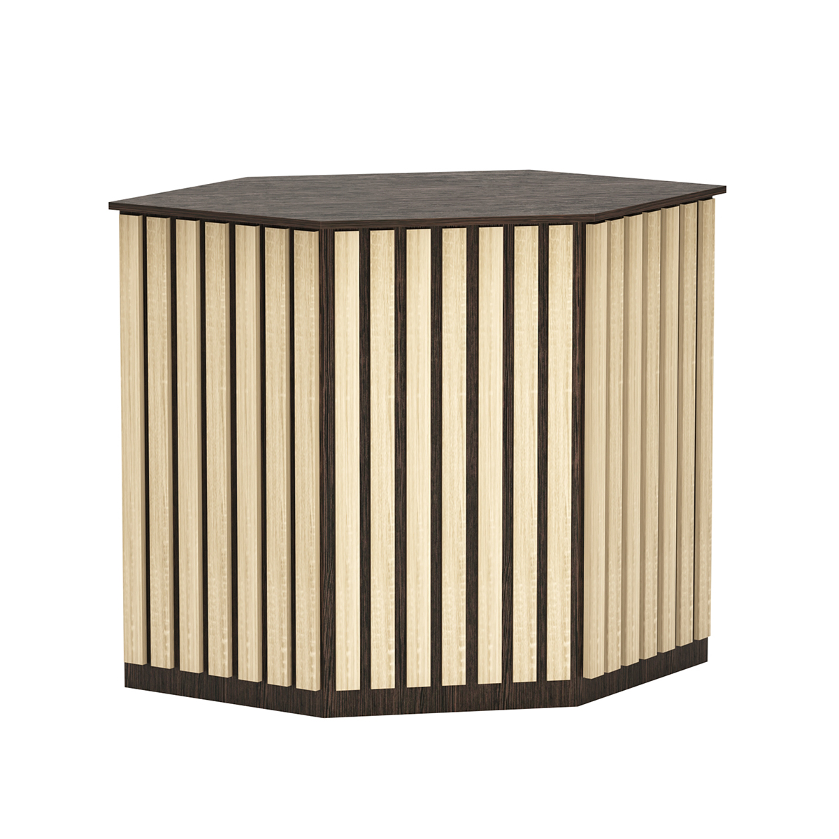 Торговый стол-прилавок шестигранный с планками серии ПРИЛИВ №22 Дуб Венге + Дуб Сонома