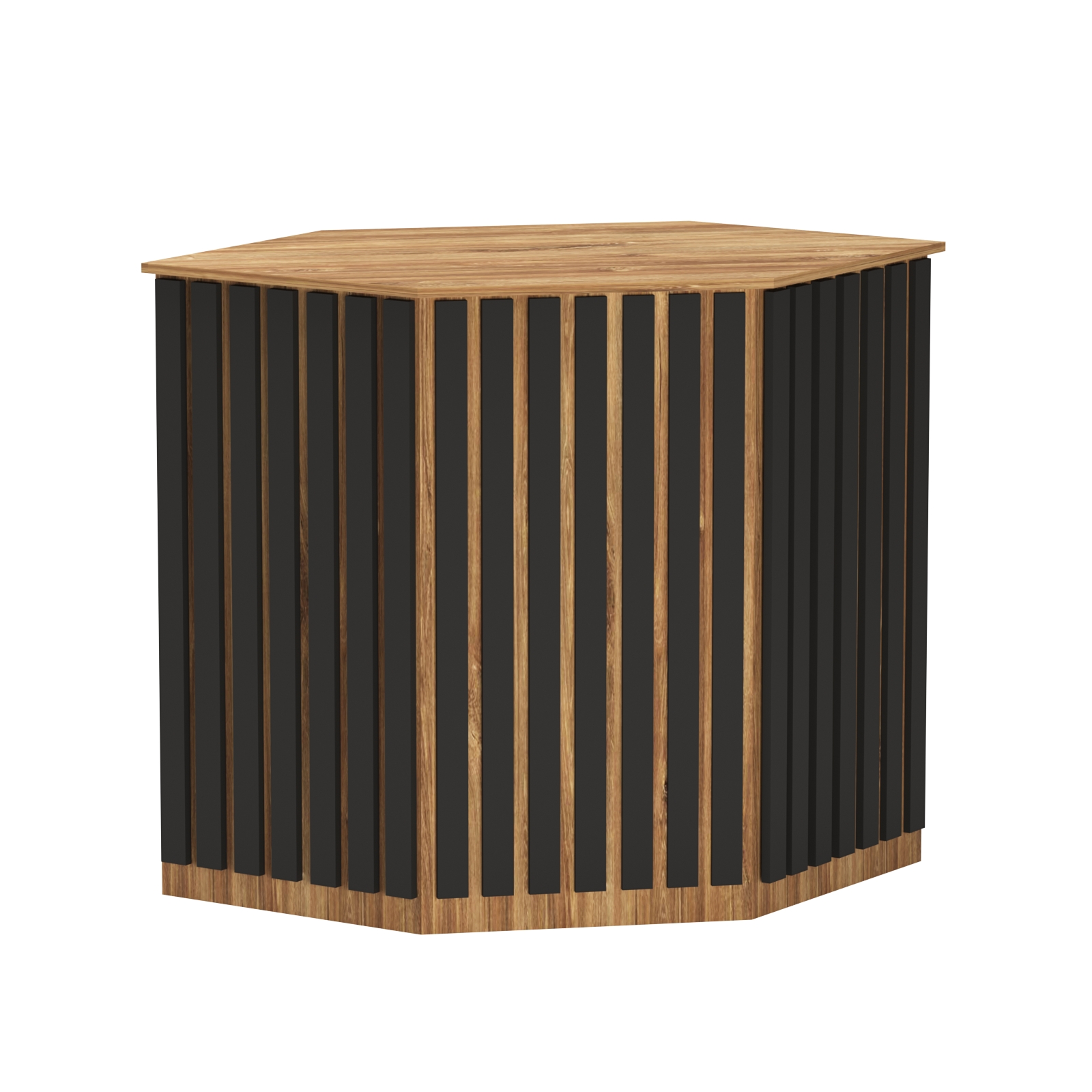 Торговый стол-прилавок шестигранный с планками серии ПРИЛИВ №22 Дуб Канзас Коричнерый + черный