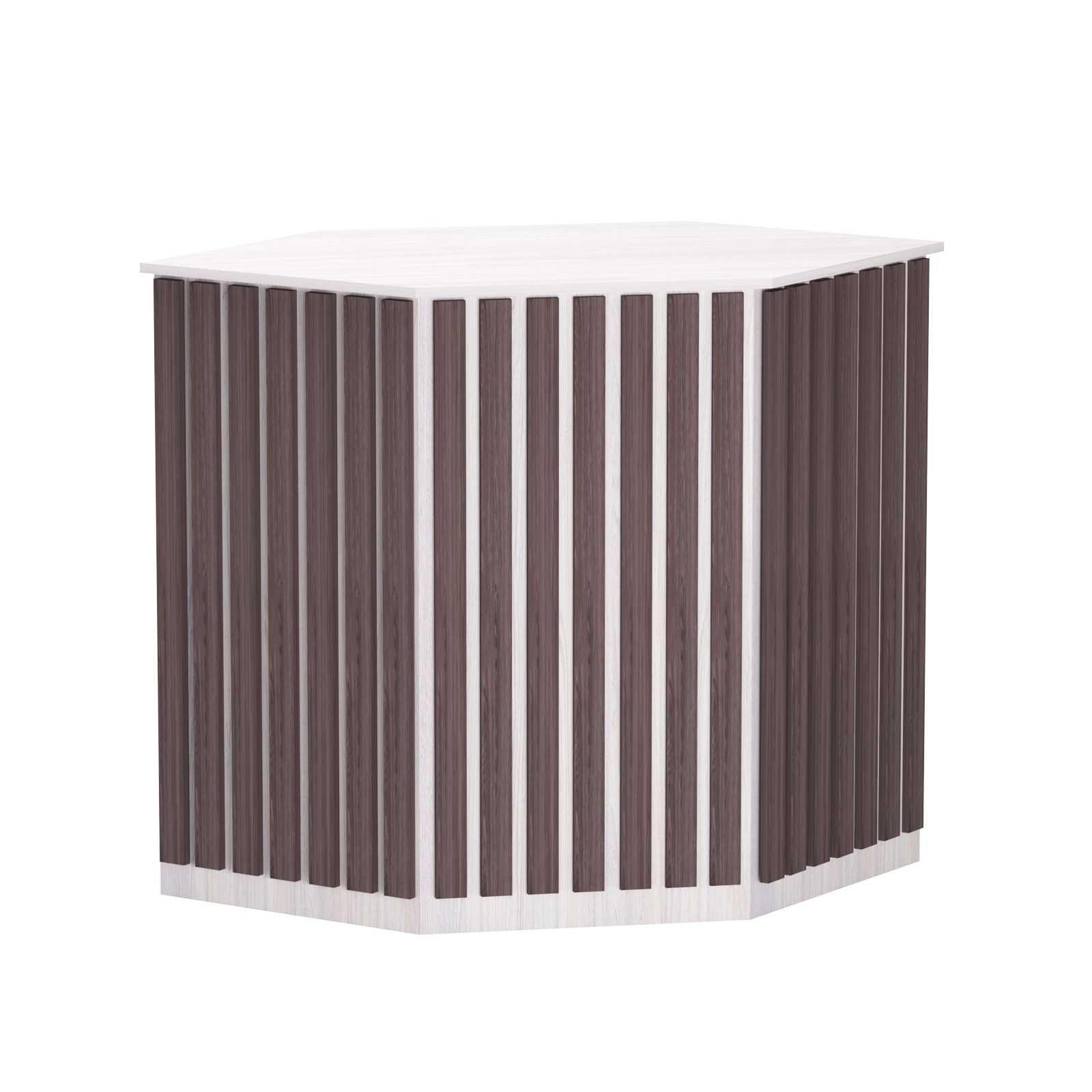 Торговый стол-прилавок шестигранный с планками серии ПРИЛИВ №22 Ясень Анкор светлый + Ясень Анкор темный