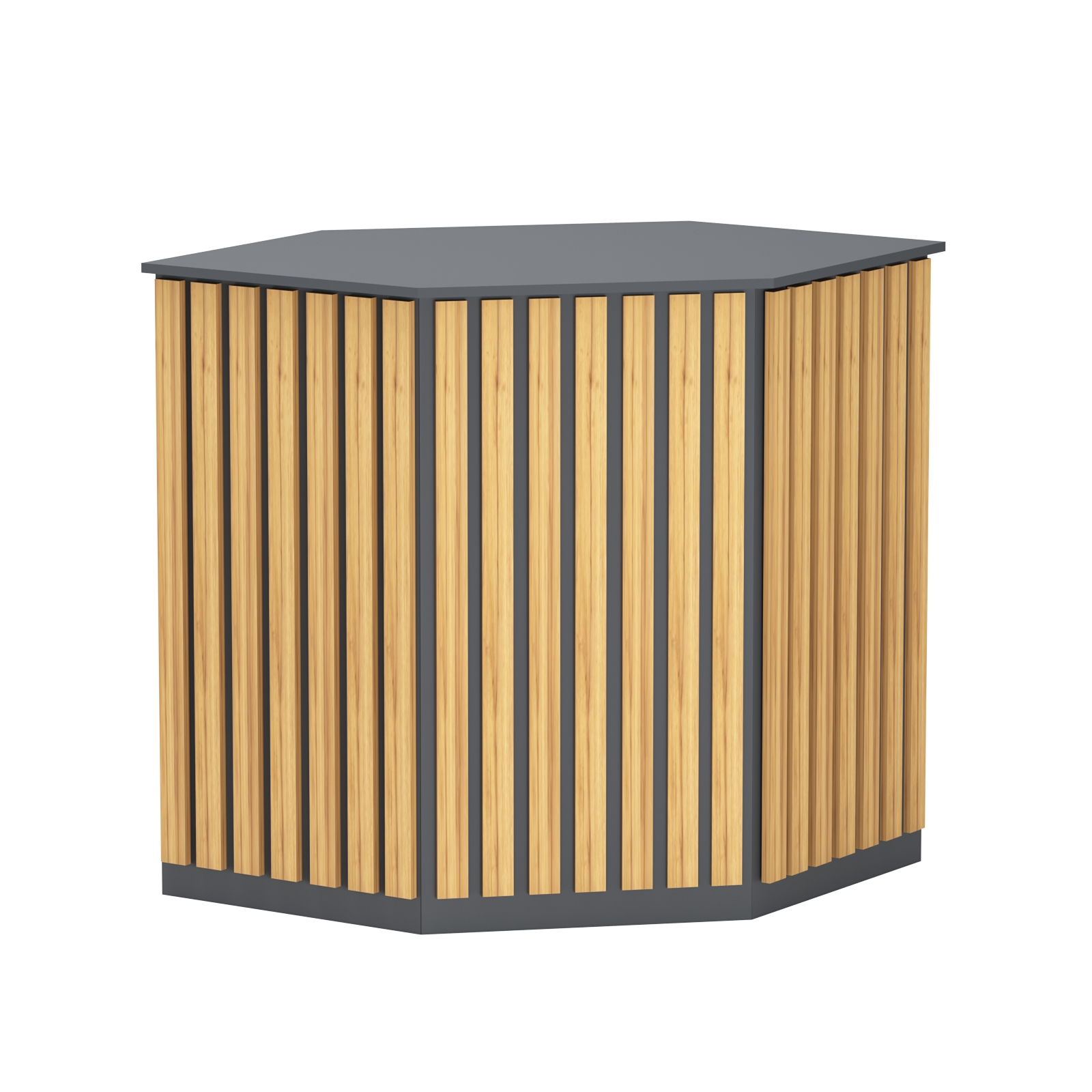 Торговый стол-прилавок шестигранный с планками серии ПРИЛИВ №22 Темно-Серый  + Дуб Золотистый