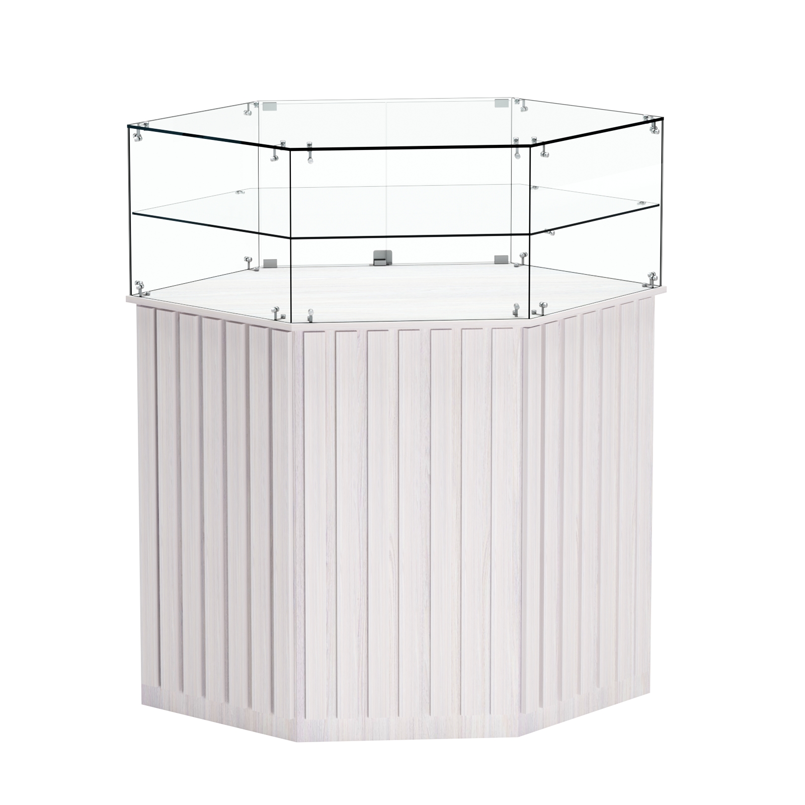 Торговый прилавок шестигранный с планками и стеклянным колпаком ПРИЛИВ №6 Ясень Анкор светлый