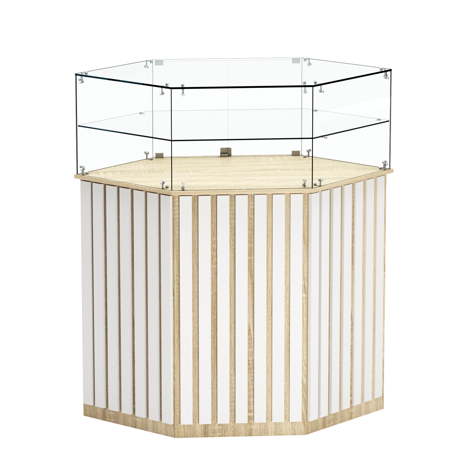 Торговый прилавок шестигранный с планками и стеклянным колпаком ПРИЛИВ №6 Дуб Сонома + Белый