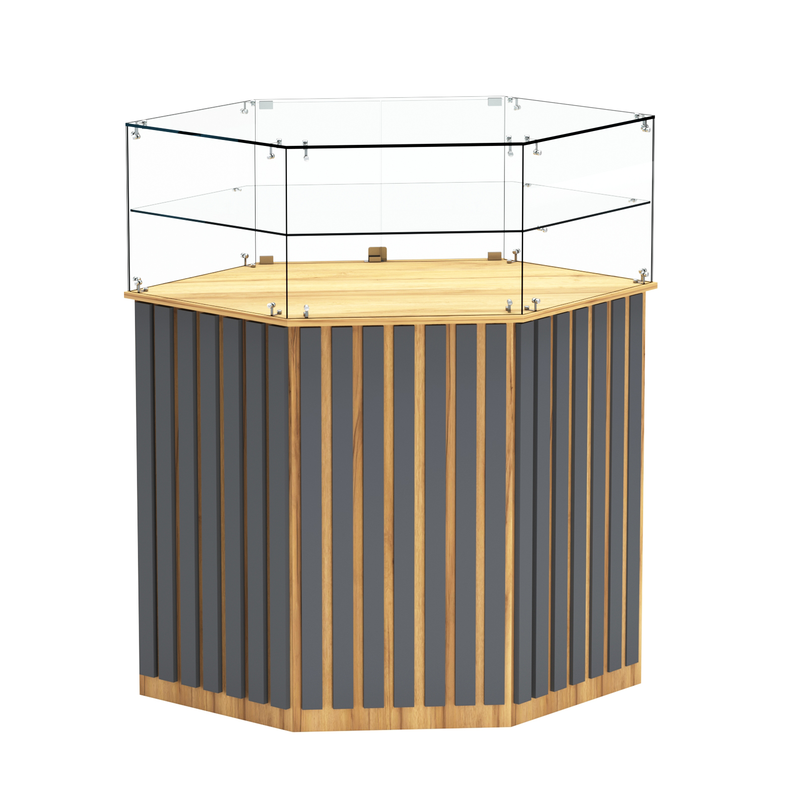 Торговый прилавок шестигранный с планками и стеклянным колпаком ПРИЛИВ №6 Дуб Золотистый и Темно-Серый