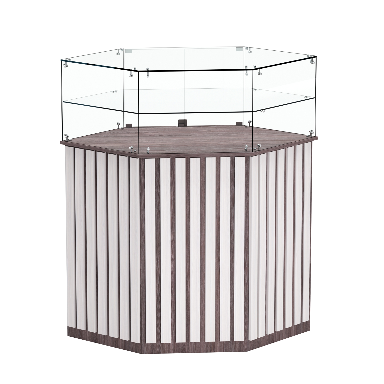 Торговый прилавок шестигранный с планками и стеклянным колпаком ПРИЛИВ №6 Ясень Анкор темный + Ясень Анкор светлый