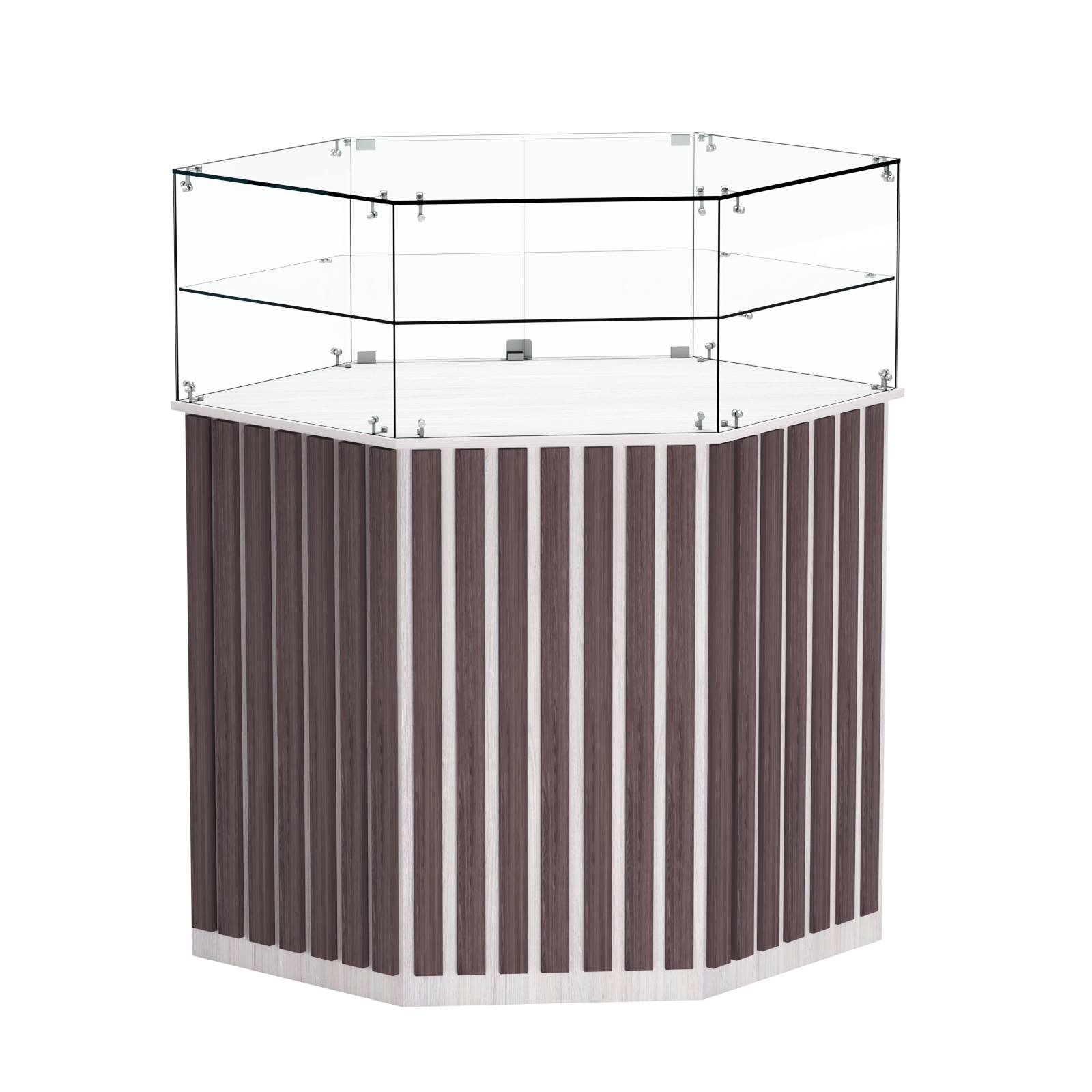 Торговый прилавок шестигранный с планками и стеклянным колпаком ПРИЛИВ №6 Ясень Анкор светлый + Ясень Анкор темный