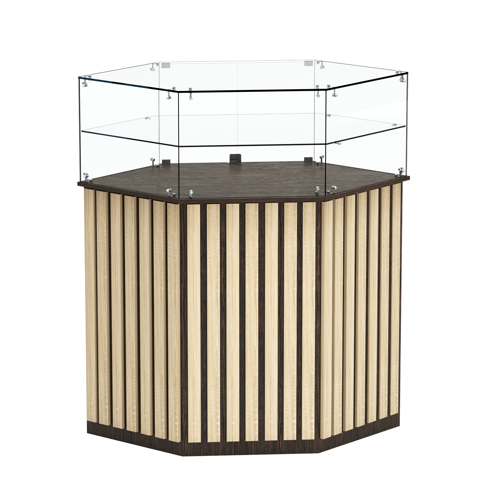 Торговый прилавок шестигранный с планками и одной полкой ПРИЛИВ №7 Дуб Венге + Дуб Сонома