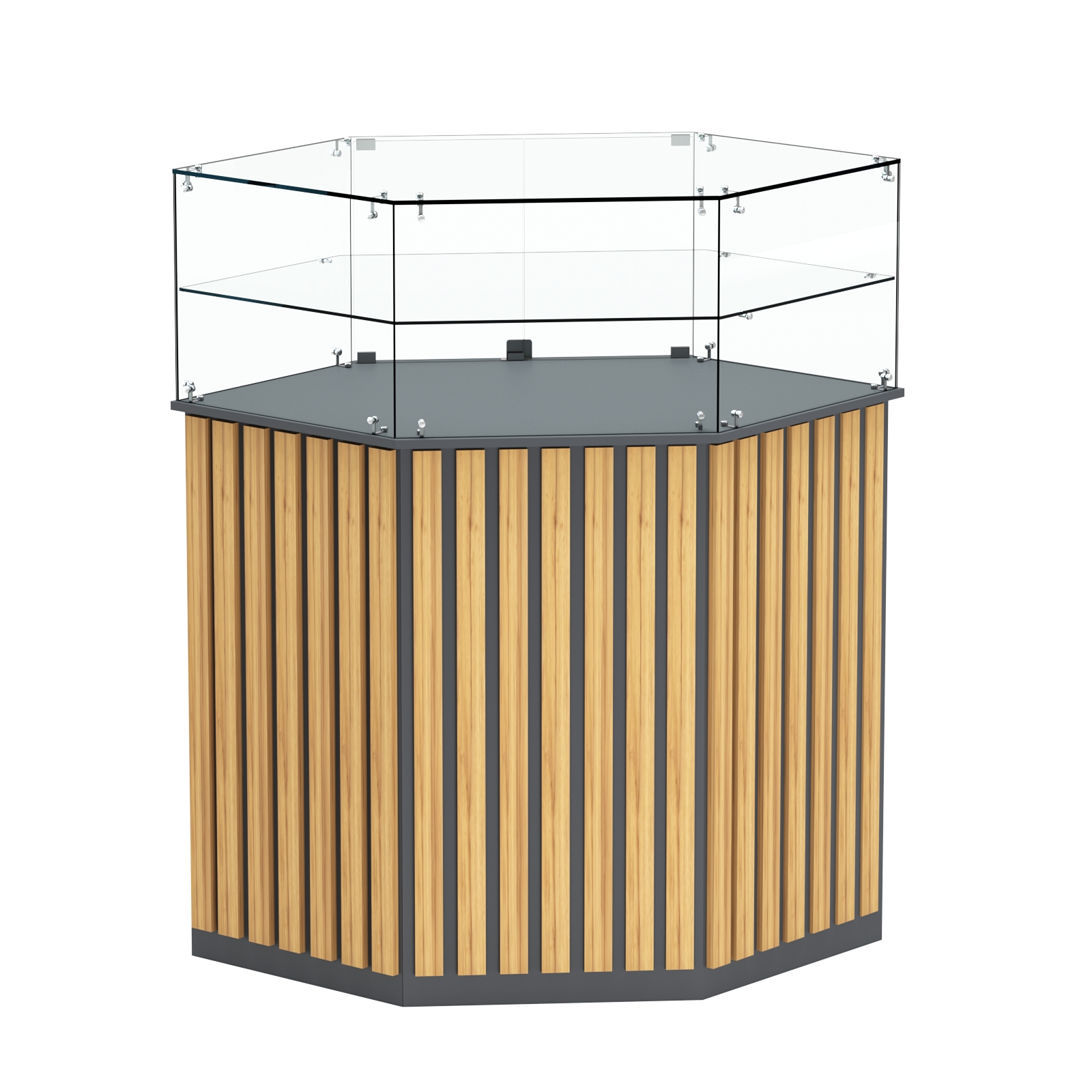 Торговый прилавок шестигранный с планками и одной полкой ПРИЛИВ №7 Темно-Серый  + Дуб Золотистый