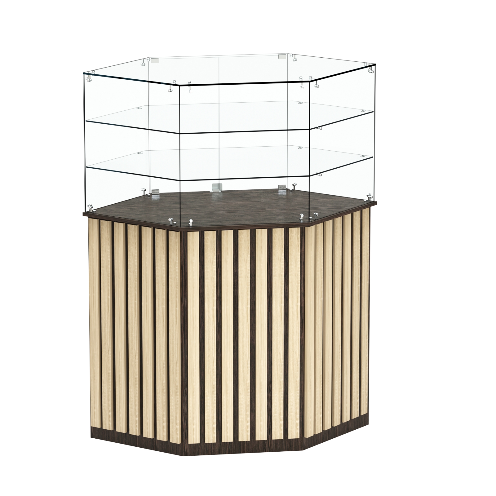 Торговый прилавок шестигранный с планками и двумя полками ПРИЛИВ №8 Дуб Венге + Дуб Сонома