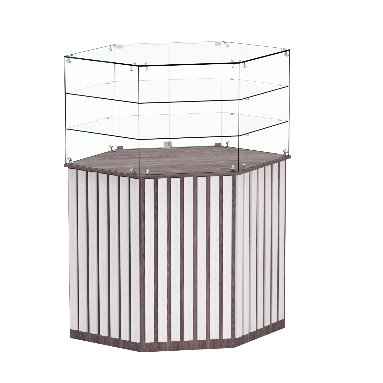 Торговый прилавок шестигранный с планками и двумя полками ПРИЛИВ №8 Ясень Анкор темный + Ясень Анкор светлый