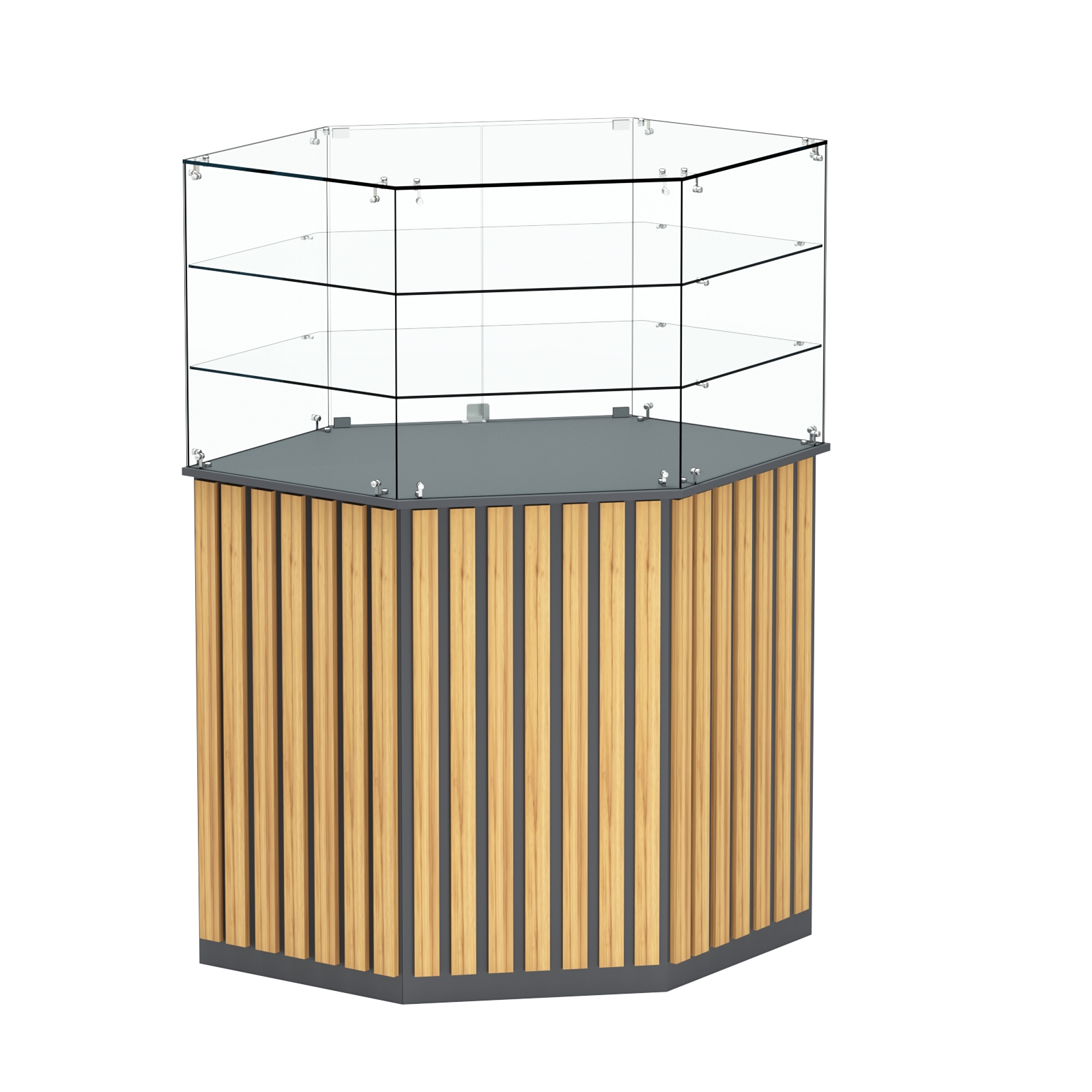 Торговый прилавок шестигранный с планками и двумя полками ПРИЛИВ №8 Темно-Серый  + Дуб Золотистый