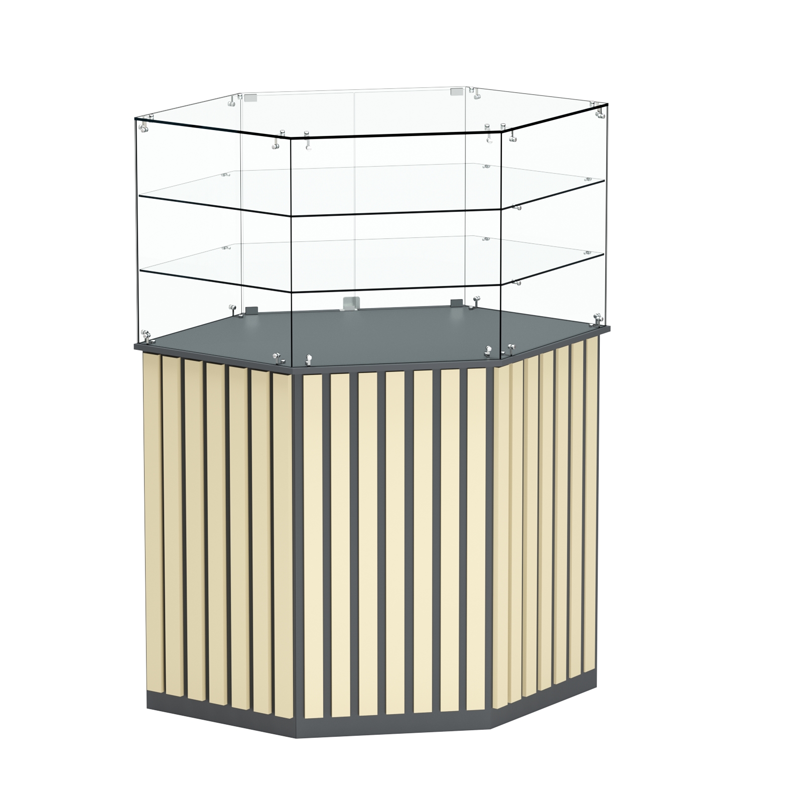 Торговый прилавок шестигранный с планками и двумя полками ПРИЛИВ №8 Темно-серый + Крем Вайс