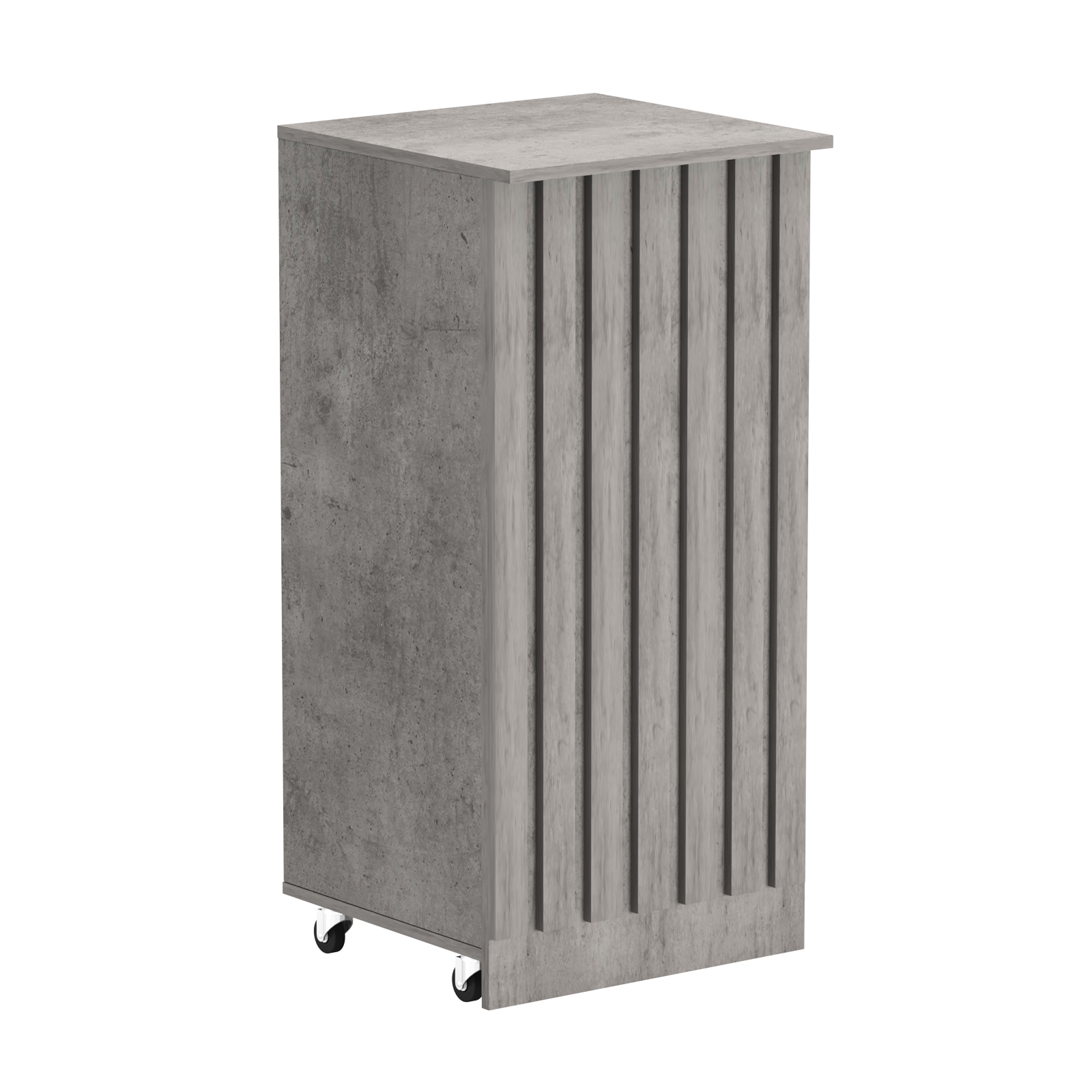 Торговый прилавок под кассу выкатной квадратный с планками серии ПРИЛИВ №2 Бетон Чикаго светло-серый F186 ST9