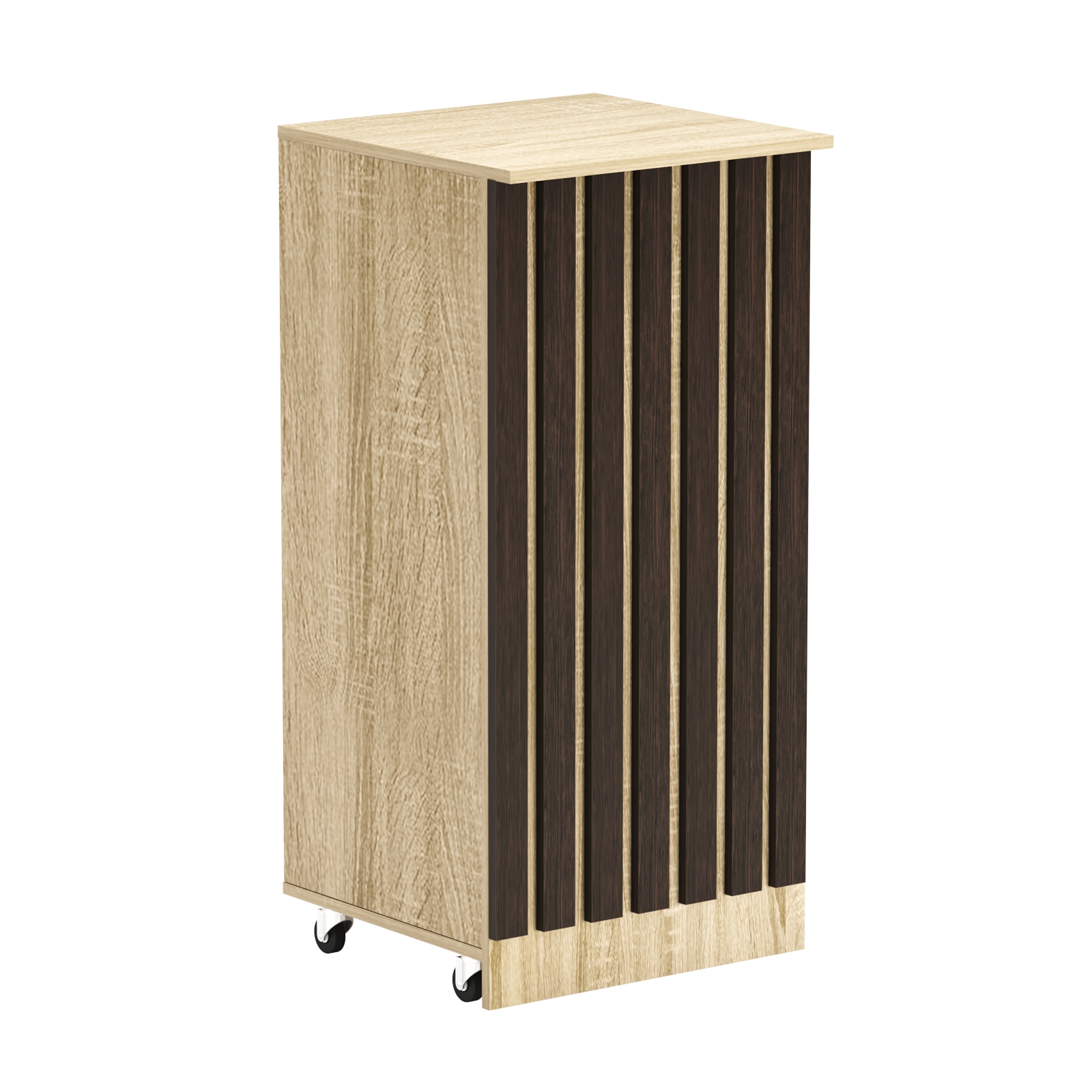 Торговый прилавок под кассу выкатной квадратный с планками серии ПРИЛИВ №2 Дуб Сонома + Дуб Венге