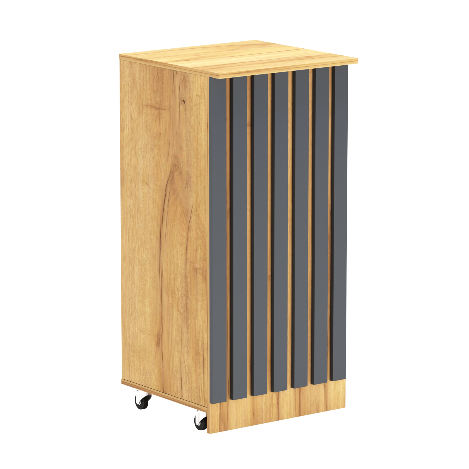 Торговый прилавок под кассу выкатной квадратный с планками серии ПРИЛИВ №2 Дуб Золотистый и Темно-Серый