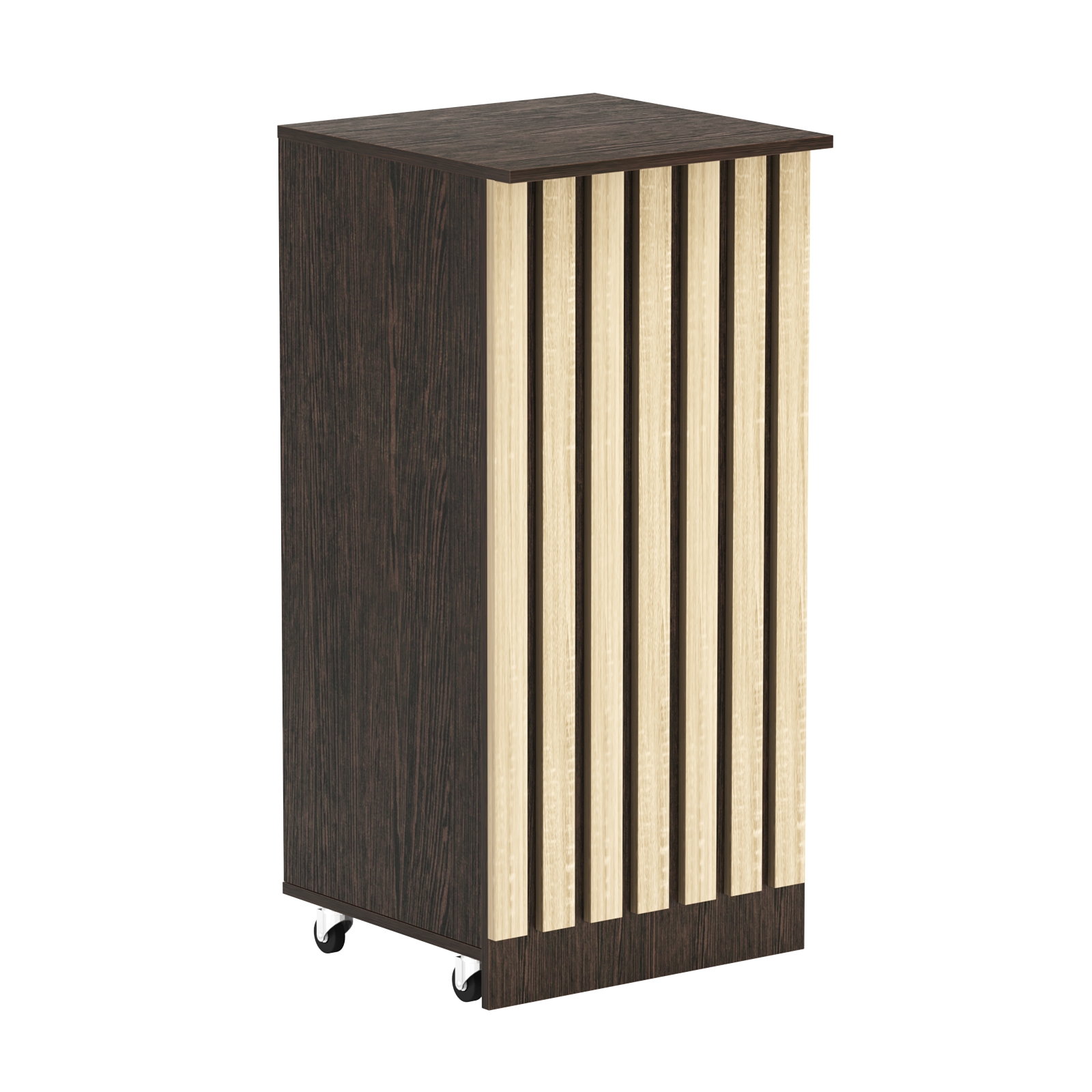 Торговый прилавок под кассу выкатной квадратный с планками серии ПРИЛИВ №2 Дуб Венге + Дуб Сонома