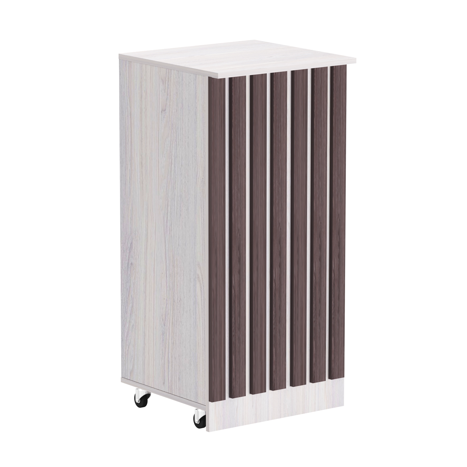 Торговый прилавок под кассу выкатной квадратный с планками серии ПРИЛИВ №2 Ясень Анкор светлый + Ясень Анкор темный