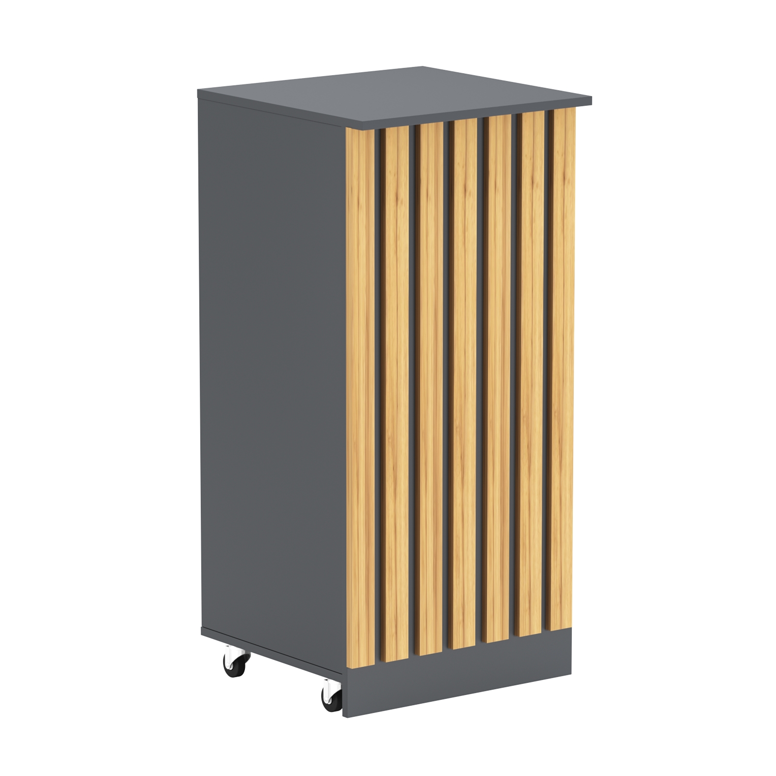 Торговый прилавок под кассу выкатной квадратный с планками серии ПРИЛИВ №2 Темно-Серый  + Дуб Золотистый