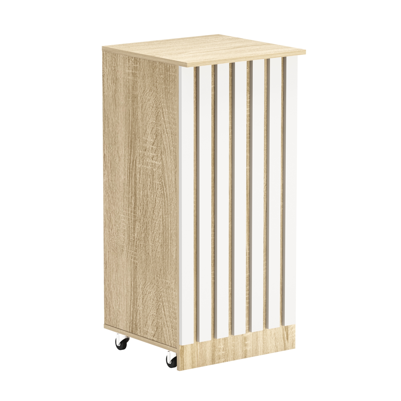 Торговый прилавок под кассу выкатной квадратный с планками серии ПРИЛИВ №2 Дуб Сонома + Белый