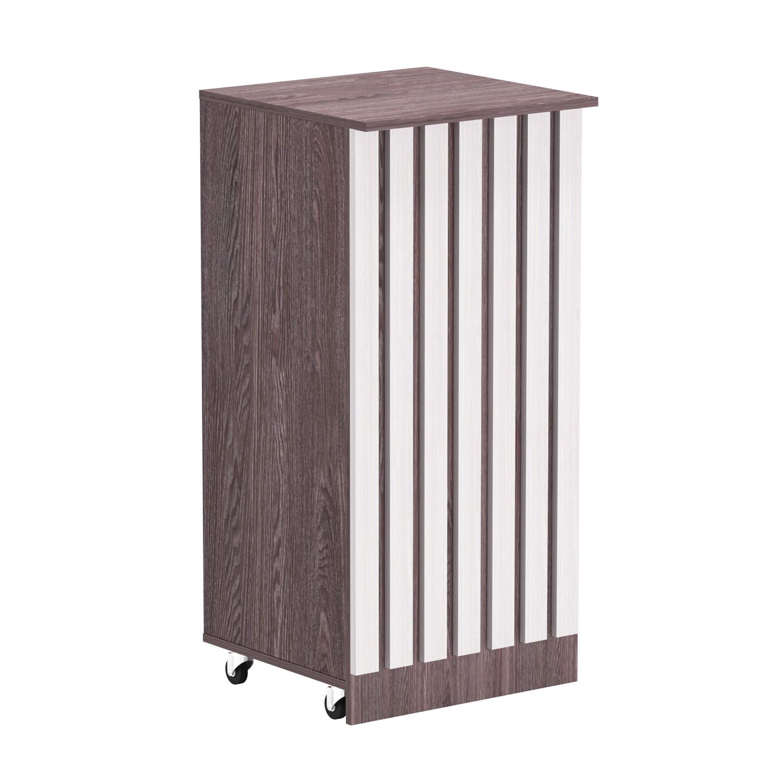 Торговый прилавок под кассу выкатной квадратный с планками серии ПРИЛИВ №2 Ясень Анкор темный + Ясень Анкор светлый