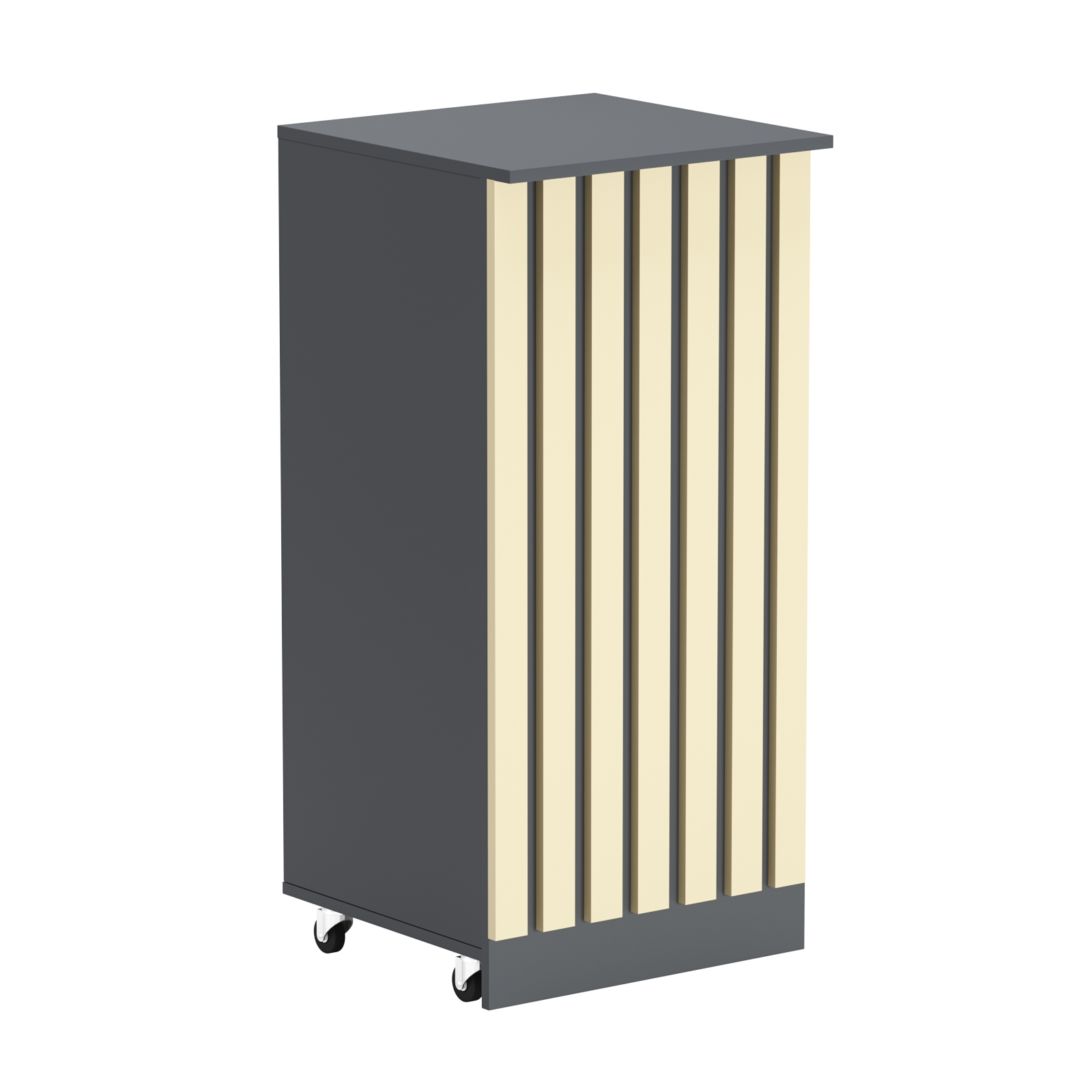 Торговый прилавок под кассу выкатной квадратный с планками серии ПРИЛИВ №2 Темно-серый + Крем Вайс