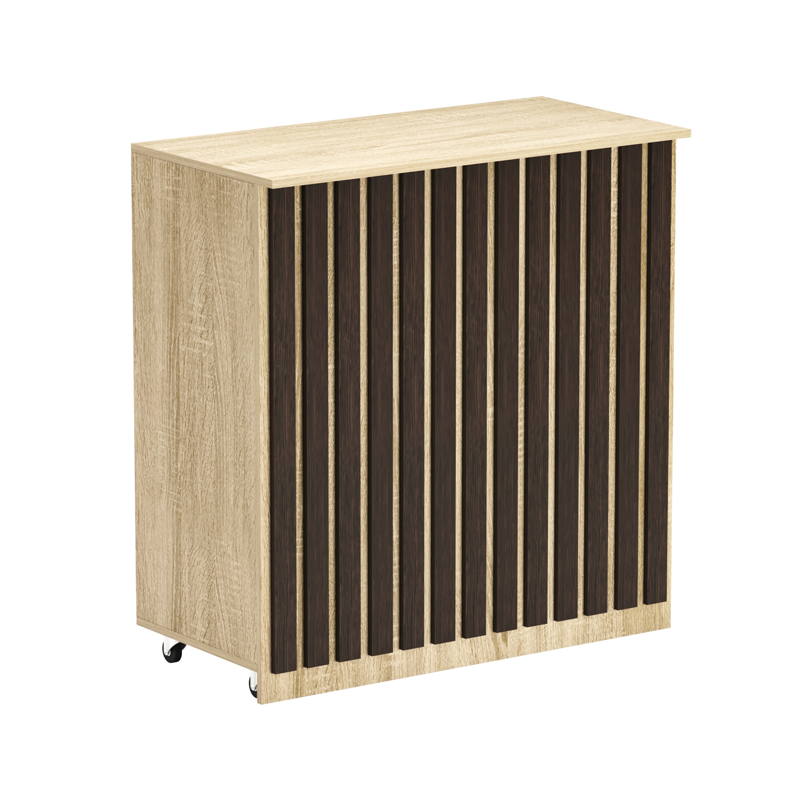 Торговый прилавок под кассу выкатной прямоугольный с планками серии ПРИЛИВ №1 Дуб Сонома + Дуб Венге