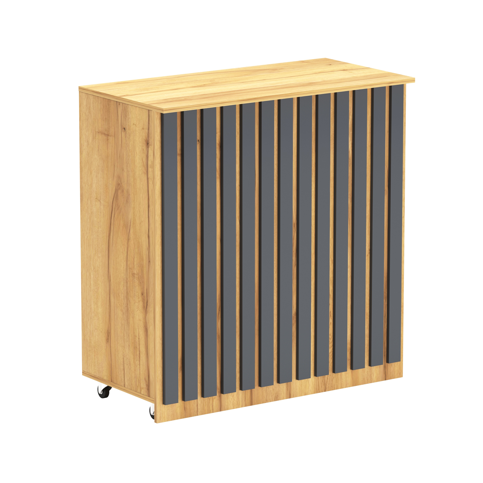 Торговый прилавок под кассу выкатной прямоугольный с планками серии ПРИЛИВ №1 Дуб Золотистый и Темно-Серый