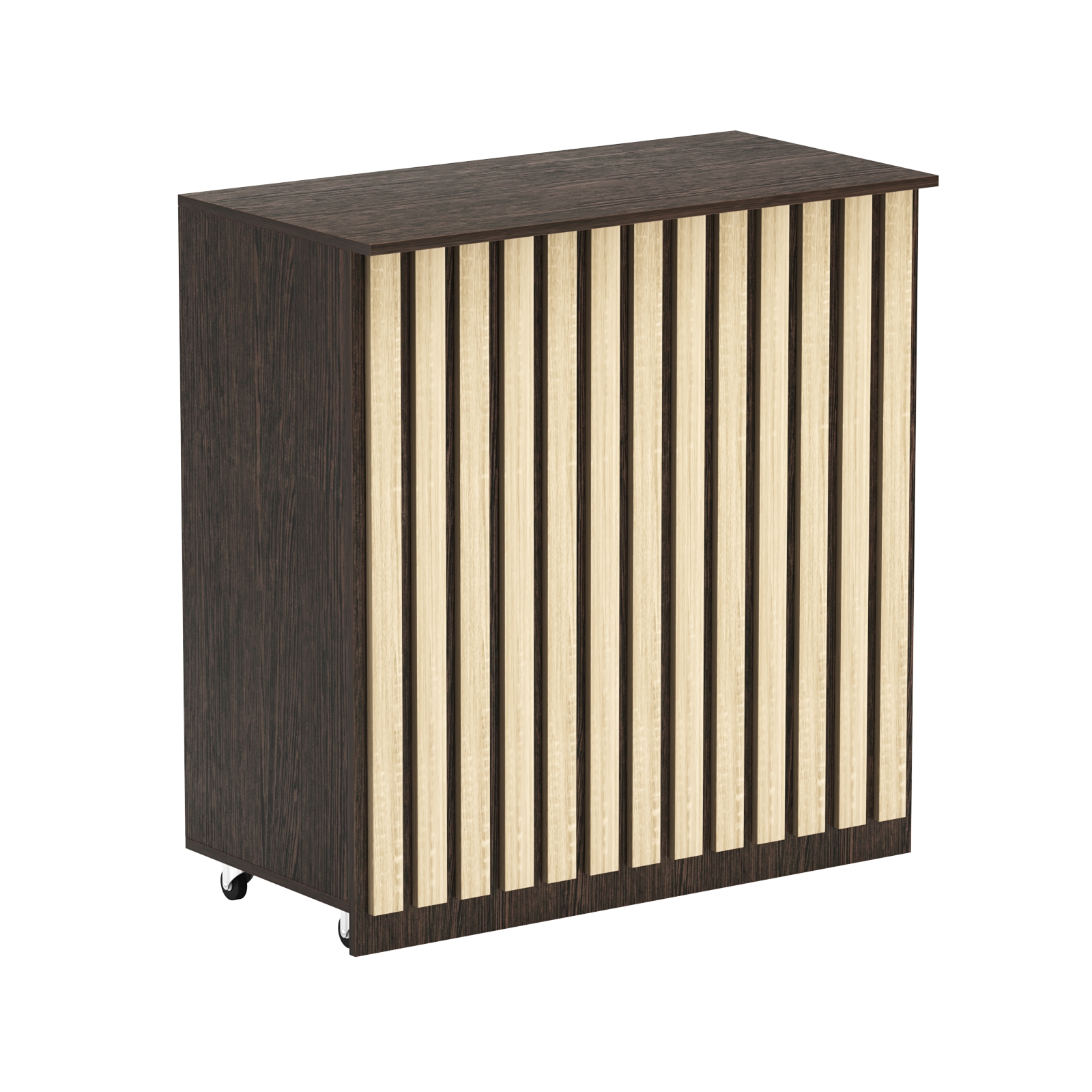 Торговый прилавок под кассу выкатной прямоугольный с планками серии ПРИЛИВ №1 Дуб Венге + Дуб Сонома