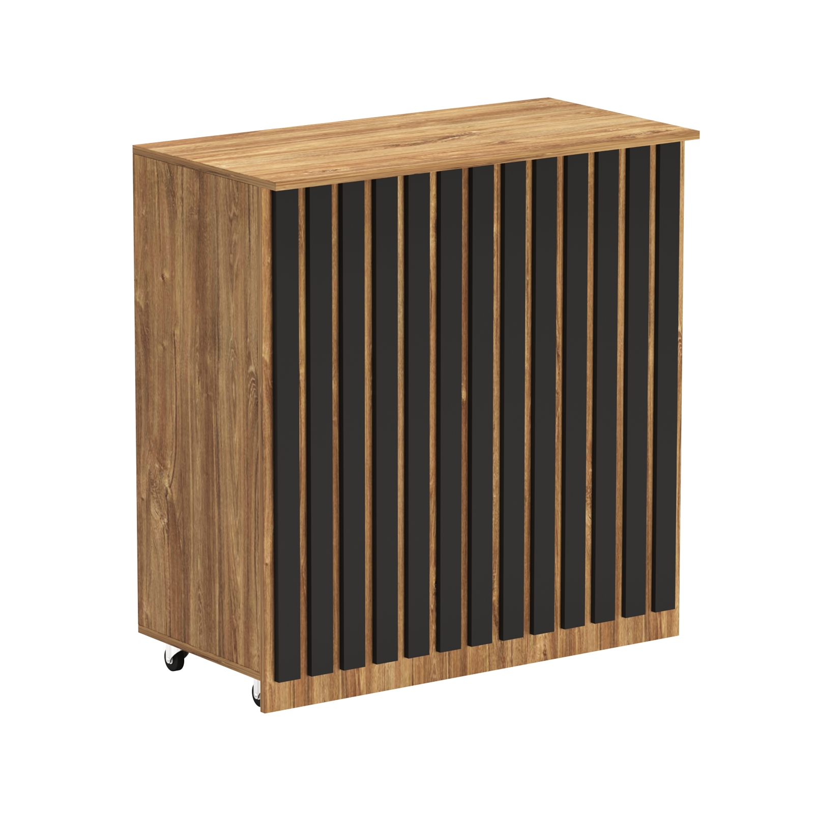 Торговый прилавок под кассу выкатной прямоугольный с планками серии ПРИЛИВ №1 Дуб Канзас Коричнерый + черный