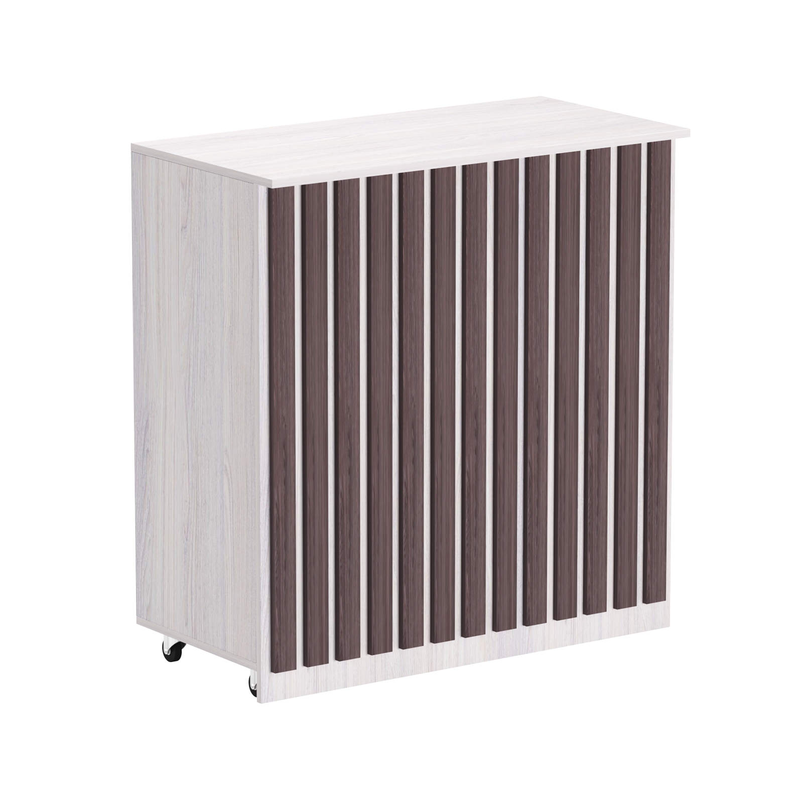 Торговый прилавок под кассу выкатной прямоугольный с планками серии ПРИЛИВ №1 Ясень Анкор светлый + Ясень Анкор темный