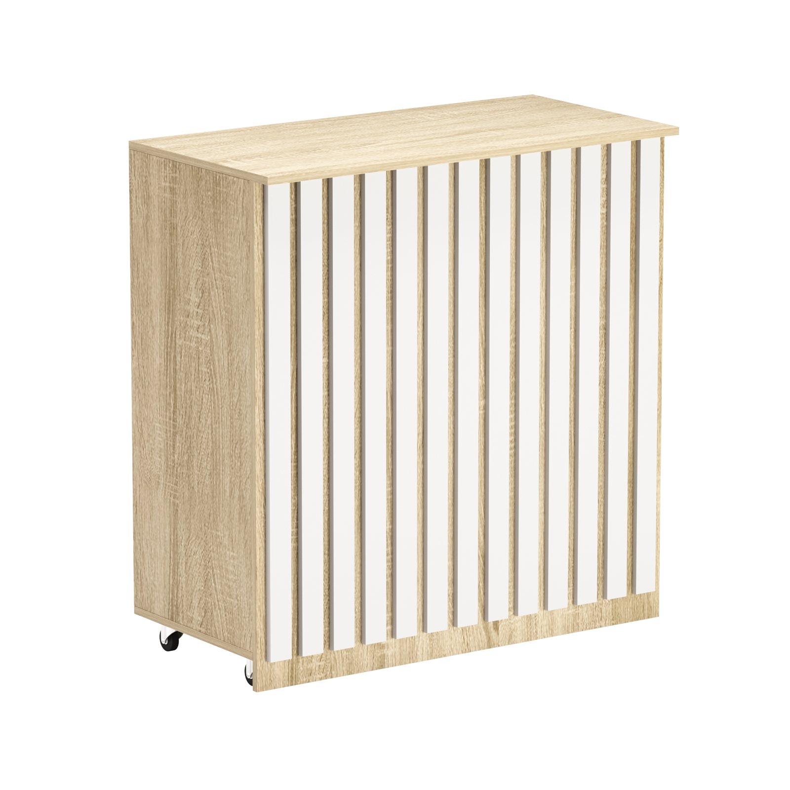 Торговый прилавок под кассу выкатной прямоугольный с планками серии ПРИЛИВ №1 Дуб Сонома + Белый